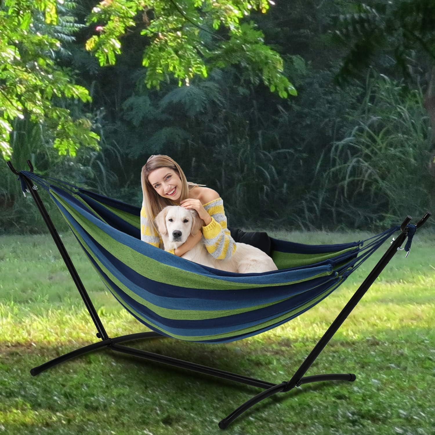 HCY Hamaca con soporte, soporte de acero que ahorra espacio de 550 libras, resistente a la intemperie con bolsa de transporte para patio interior al