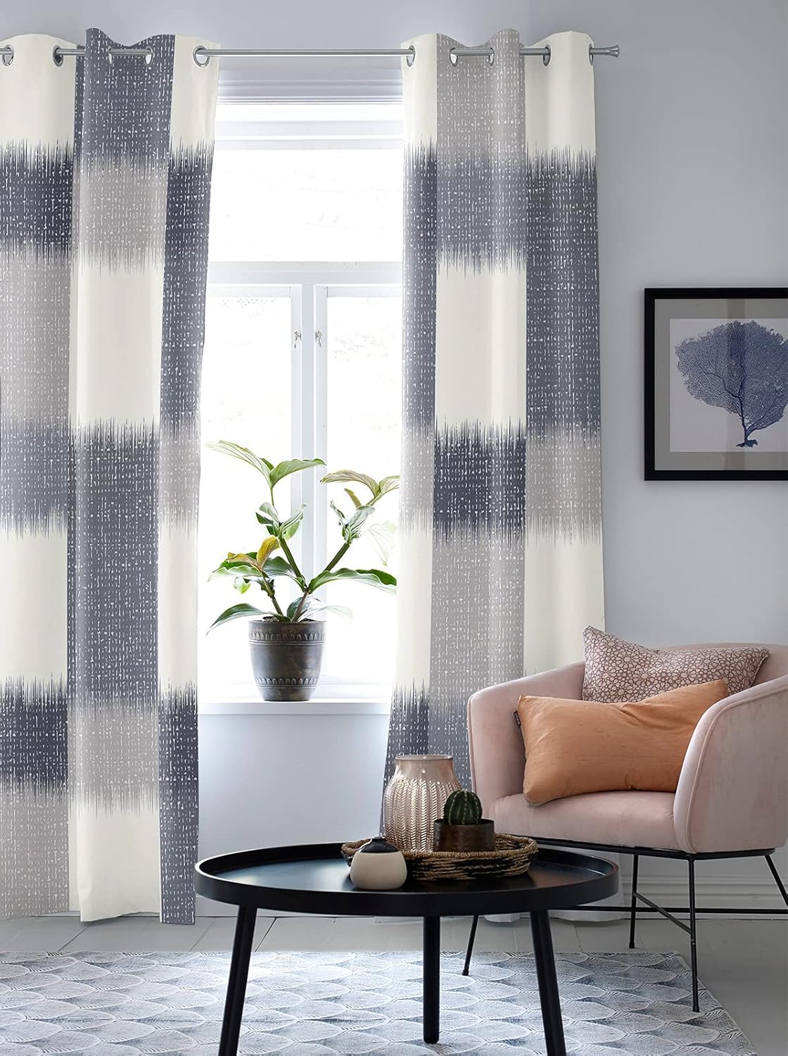 Libaoge Curtains Panels for Kitchen Modern Abstract Geometric Dark Blue Window Curtains Light Filtering Grommet Top Drapes for Bedroom Closet-Set of
