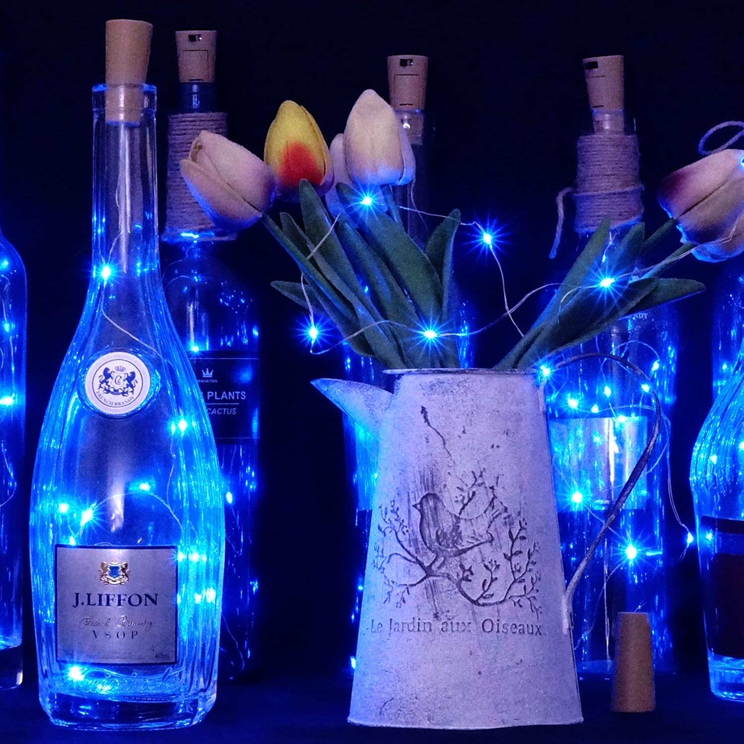 Paquete de 12 20 luces LED para botellas de vino con corcho, cadena de luces de alambre plateado, funciona con pilas, luces de corcho para botella