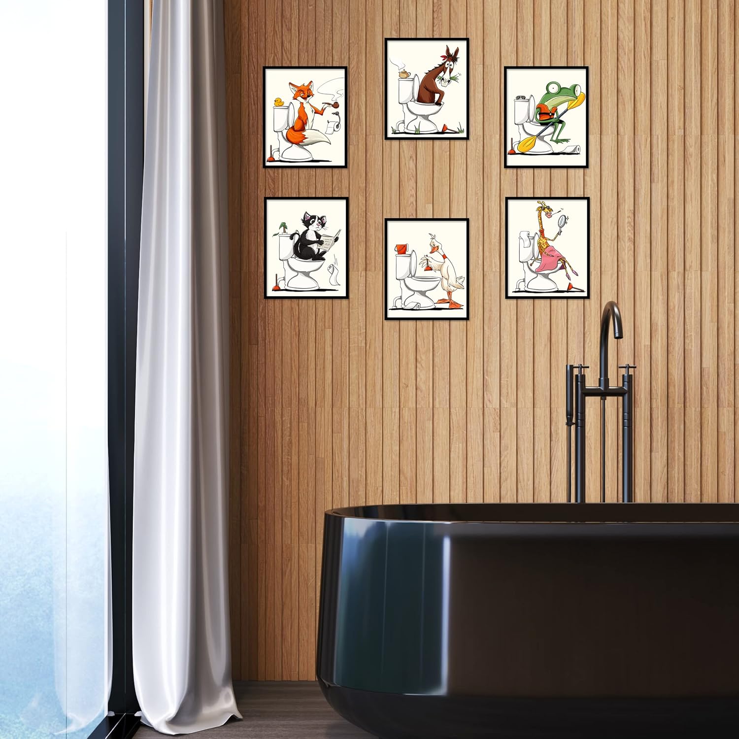Juego de 6 pósteres de lienzo para pared de baño, diseño de animales, diseño de zorro, gato, rana, jirafa, caballo en el inodoro, ilustración para