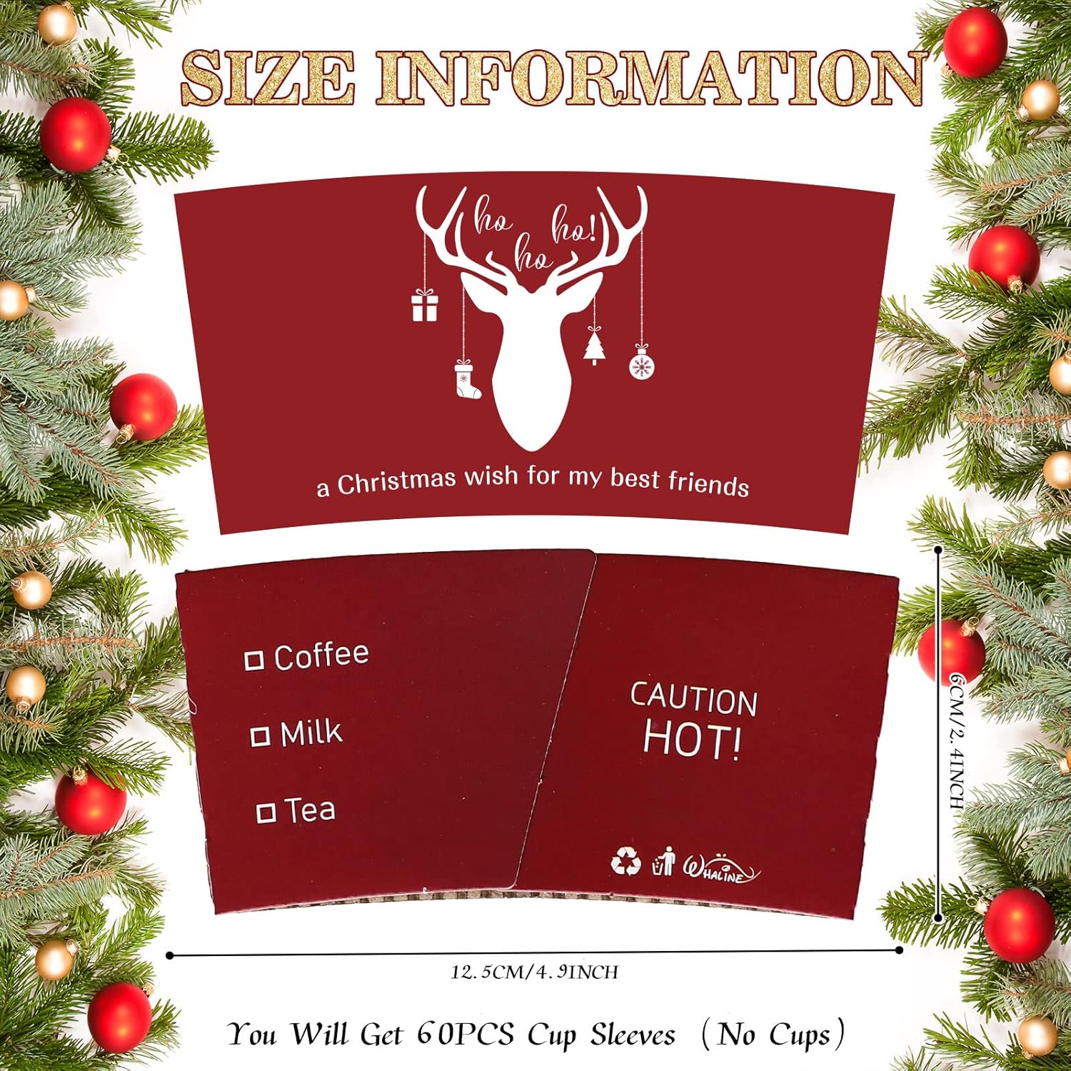 Whaline 60 fundas de papel de Navidad para taza de café, fundas de papel de Navidad rojas para tazas de papel de 12 y 16 onzas, Papá Noel, reno,