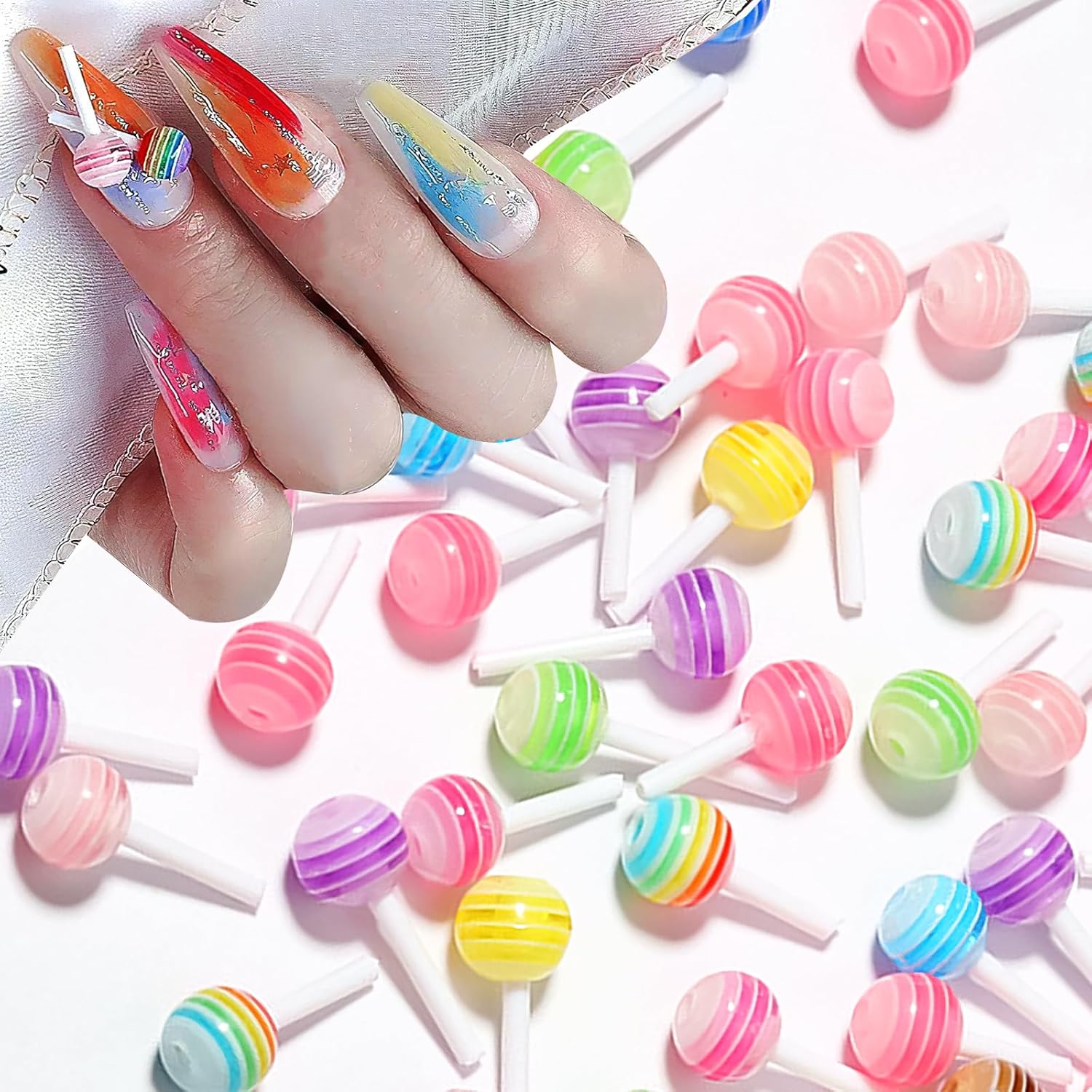 DUFEIMOY 50 dijes de uñas de piruleta 3D de arcoíris, accesorios de uñas de caramelo de macarrón de resina para arte de uñas, bricolaje y decoración
