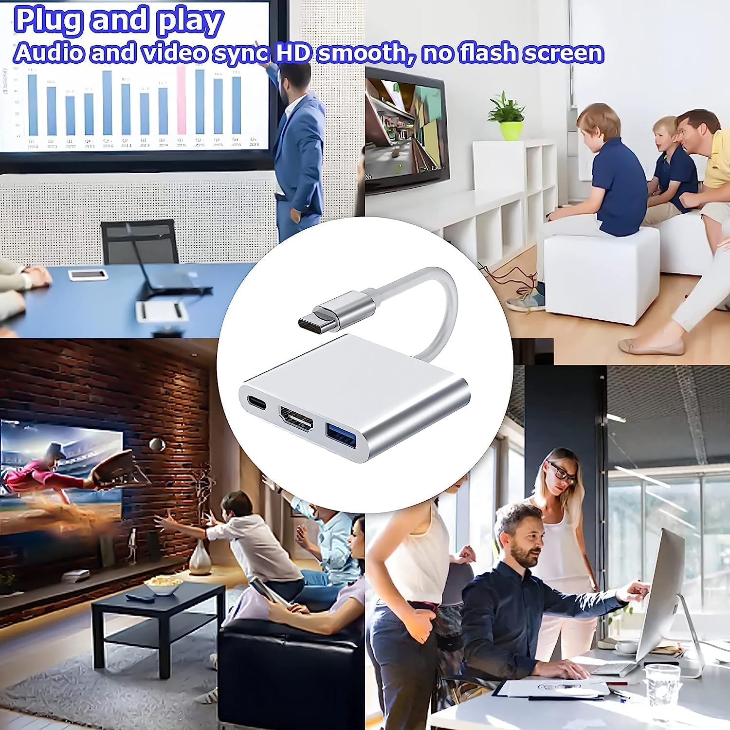 Adaptador USB C a HDMI, convertidor de video 4K con puerto de carga USB 3.0 y tipo C, adaptador multipuerto AV digital USB-C para dispositivos Mac y