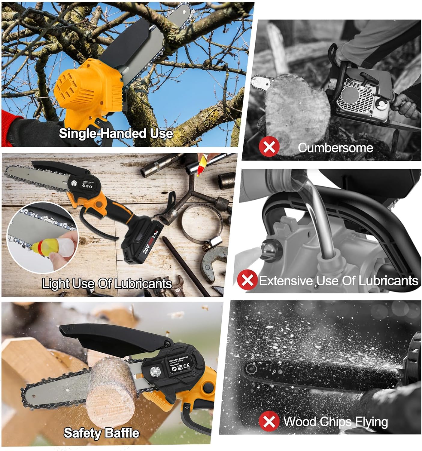 CKEVE Mini motosierra eléctrica inalámbrica de 6 pulgadas, funciona con pilas con bloqueo de seguridad para recortar árboles de jardín, motor de 250