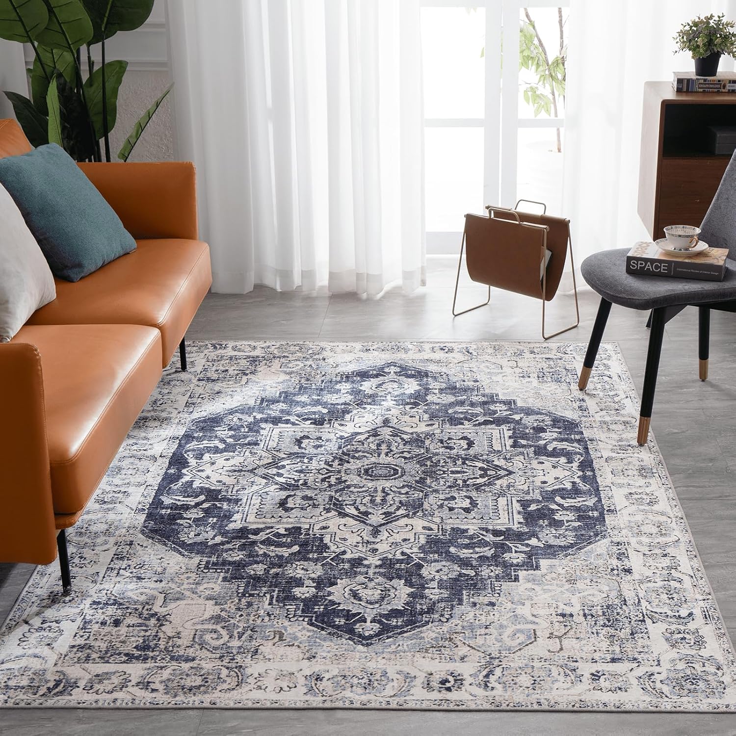 Alfombras para sala de estar, alfombra bohemia de 5 x 7 pies para dormitorio, alfombra lavable para interiores, alfombra envejecida, suave,