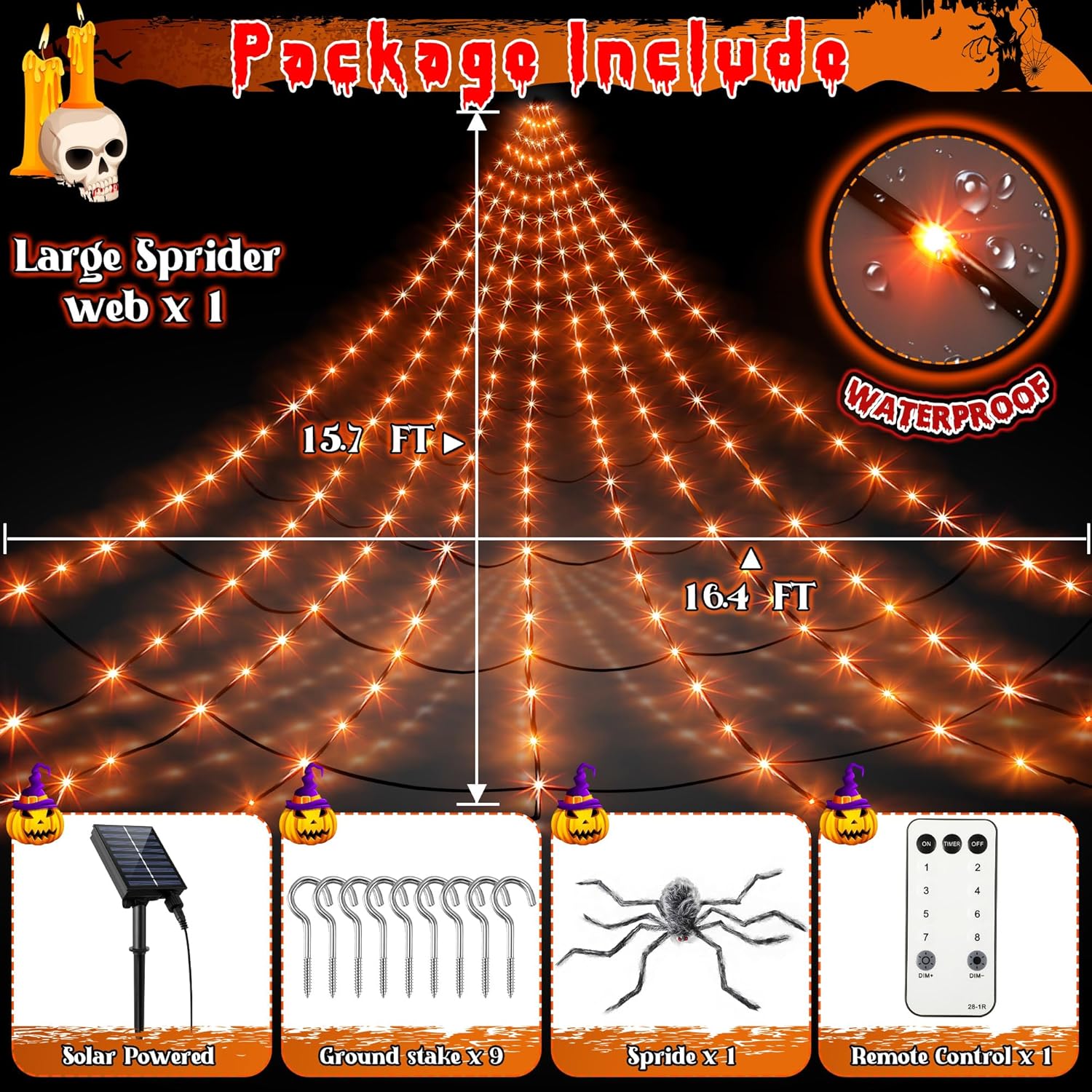 Red de araña solar para decoración de Halloween, 16.4 x 15.7 pies, enorme telaraña triangular alimentada por energía solar, 192 LED, 8 modos,