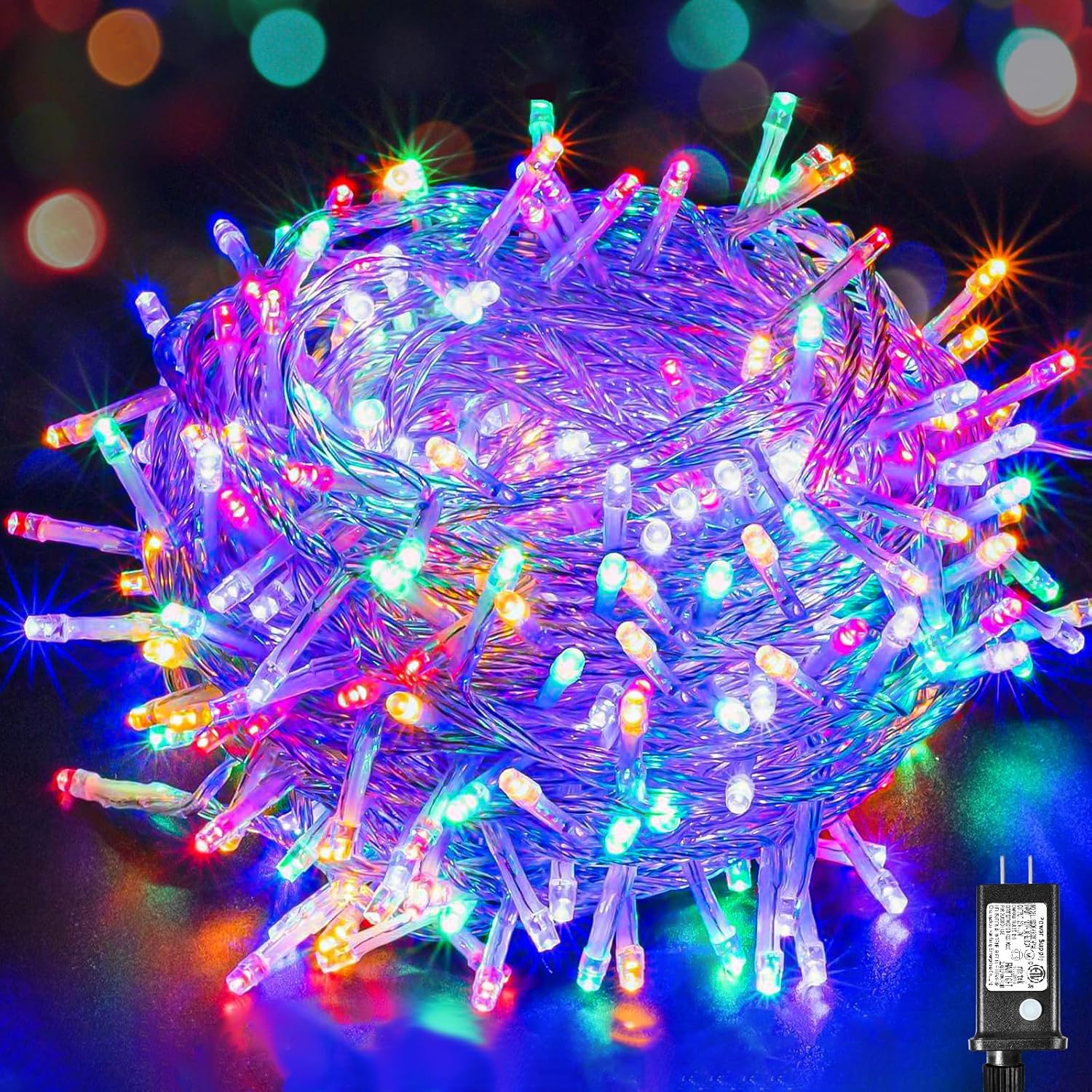 100 luces LED de Navidad de 33 pies para exteriores, 8 modos, tira de luces de Navidad con cable transparente con memoria de tiempo, tira de luces