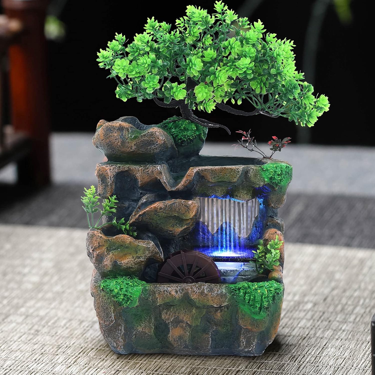 Adornos de rocalla de fuente de agua con cascada y luces LED de colores, mini cascada de escritorio, pequeña rocalla para oficina, hogar, dormitorio