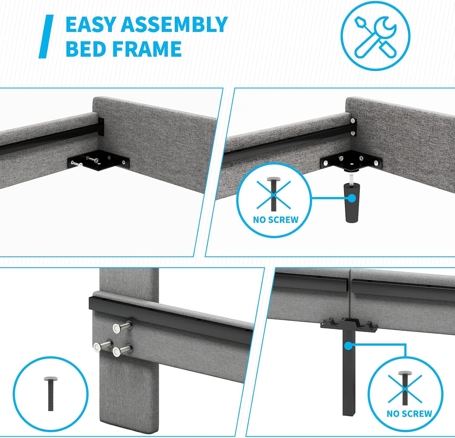 Mjkone Base de cama con cabecera de ala, marco de cama Queen y bolsillos laterales de almacenamiento, base de colchón resistente con listones de