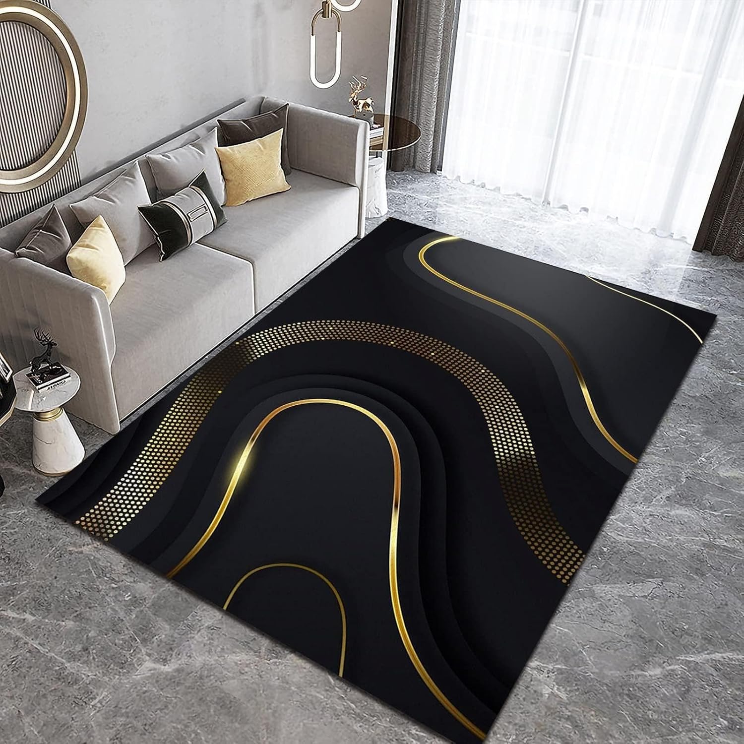 Alfombras doradas con diseño de lunares y fondo negro 3D, antideslizantes, lavables a máquina, transpirables, duraderas, para decoración de suelo de