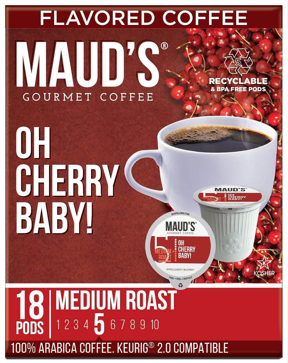 Maud’s Café con sabor a cereza (Oh Cherry Baby!), 18 ct. Cápsulas de café reciclables con sabor a cereza de una sola porción producidas por energía