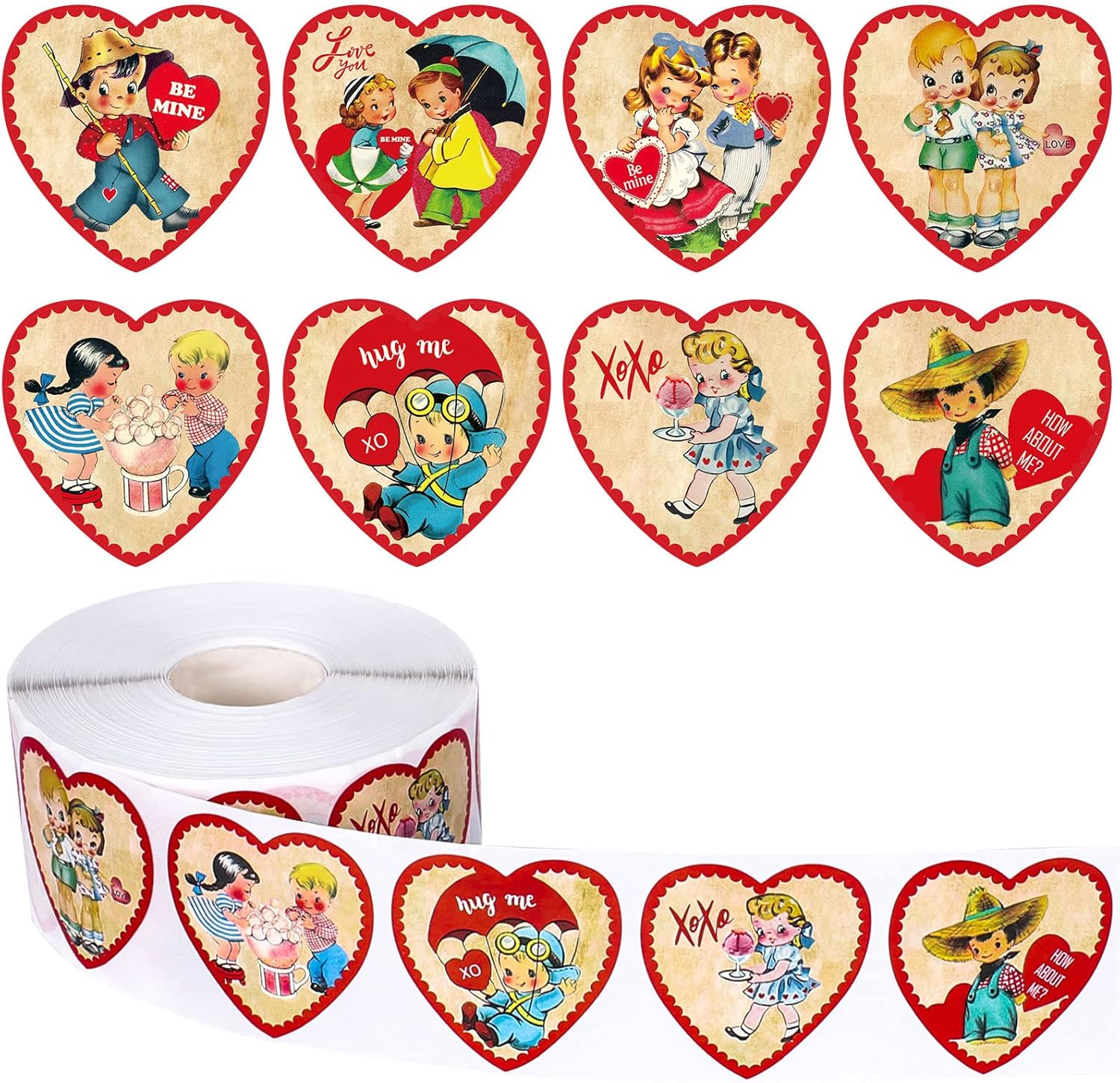Whaline 1000 calcomanías para el día de San Valentín, estilo vintage, con forma de corazón, autoadhesivas, rollo de estilo retro, calcomanías de