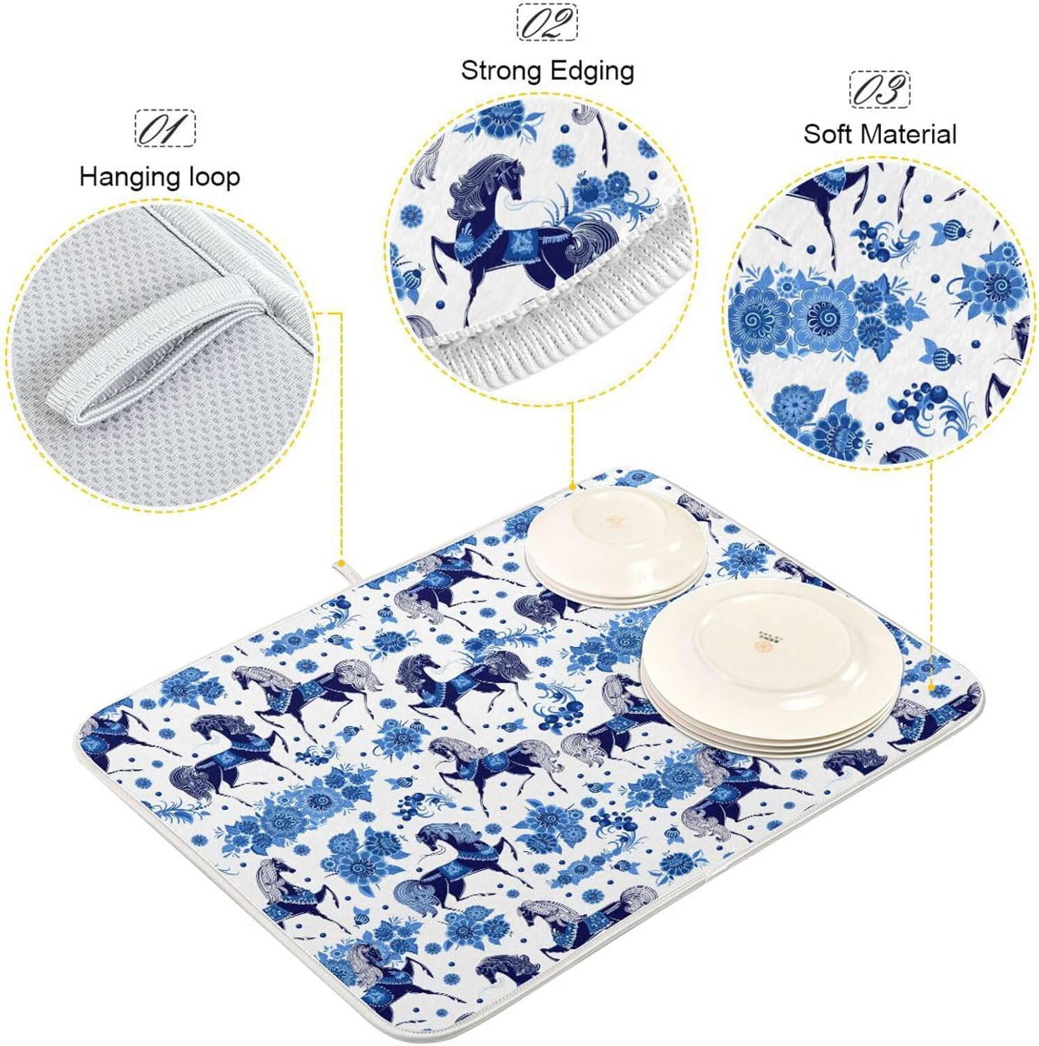 Stylized Blue Horse with Flowers Dish Drying Mat Washnable Absorbent Kitchen Counter Mat Countertop Protector Heat Resistant Tapete Para Cocina 16”