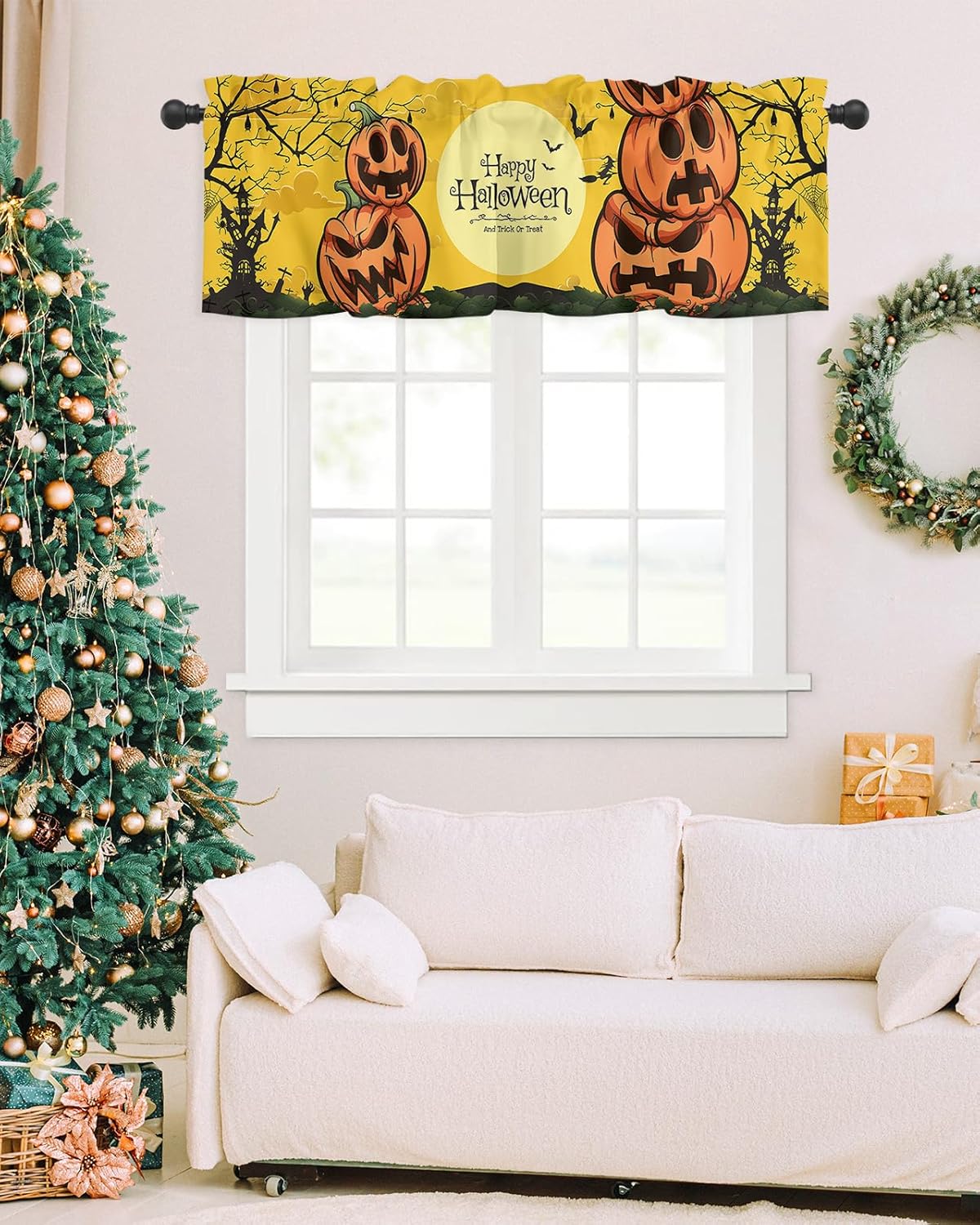 Window Valance Curtain for Kitchen, Halloween Pumpkin Bat Branch Castle Moon 42″x12″ Rod Pocket Window Treatment Valance Privacy Toppers Drape for