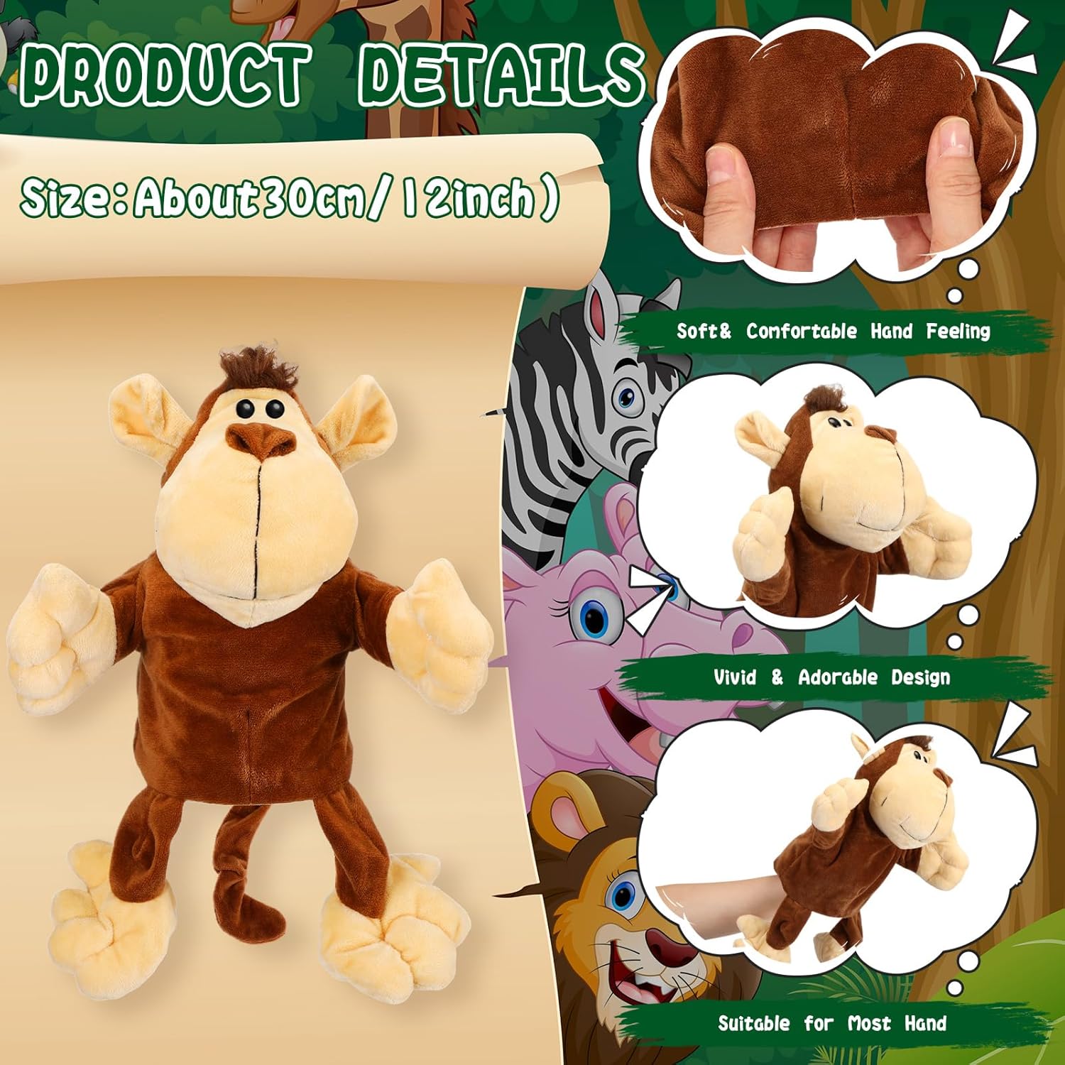 Juego de 10 títeres de mano de animales para niños, juguetes de selva de felpa suave con boca abierta y movible, amigo, safari, vida silvestre,