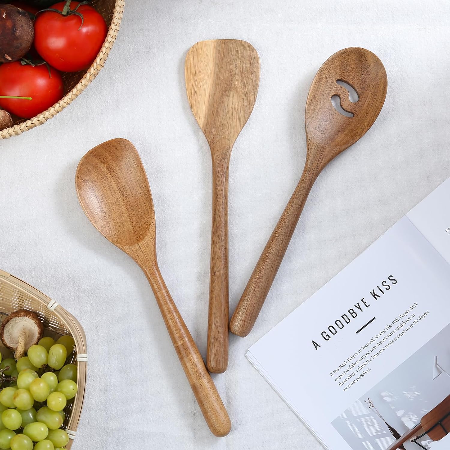 Utensilios de cuchara de madera, 3 cucharas de esquina de madera, espátula y cucharas ranuradas para cocinar, cuchara, freír, raspar, mezclar,
