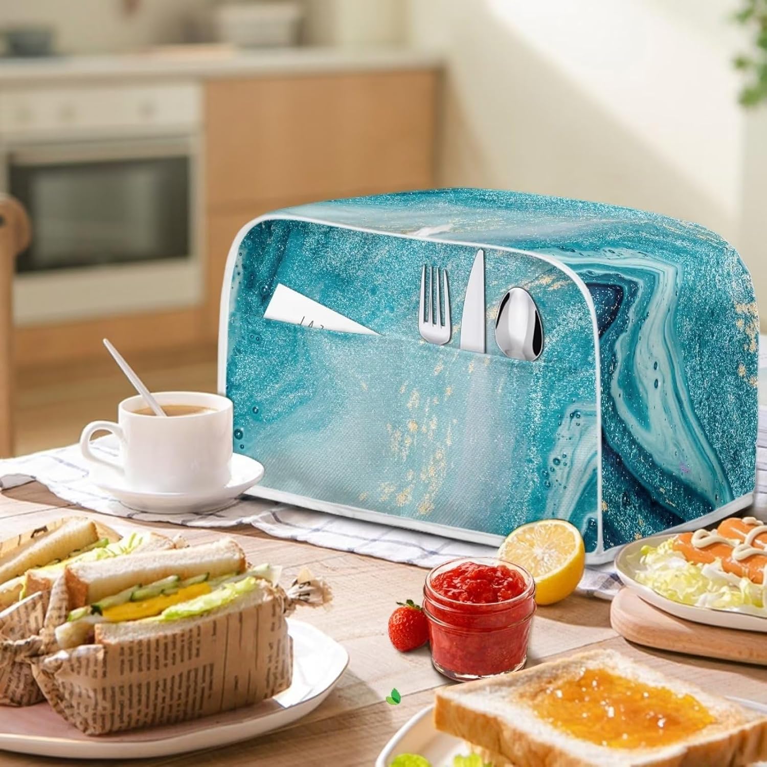 Cubierta antipolvo para tostadora con bolsillos, compatible con tostadora de 4 rebanadas, panificadora con estampado de mármol azul, accesorios para