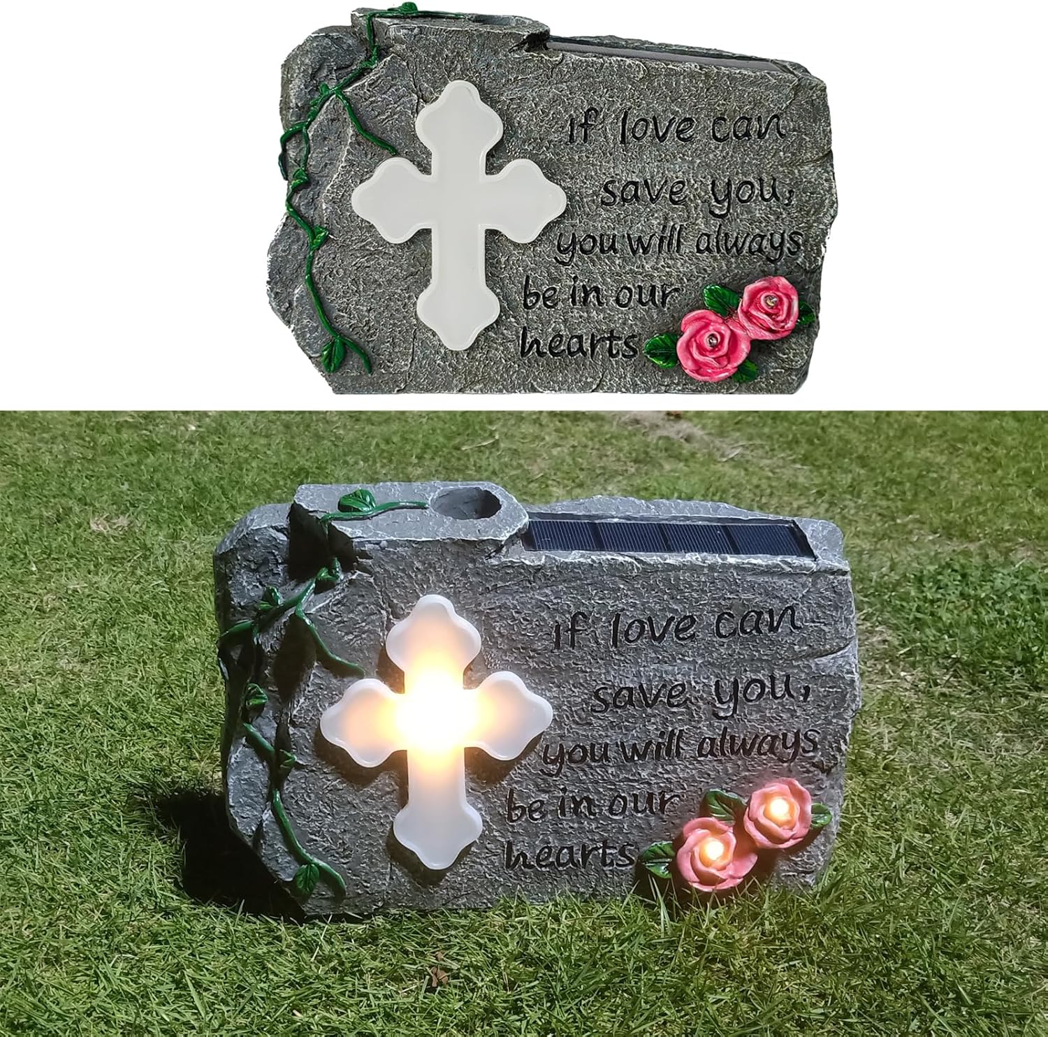 Cementerio de lápida para decoración de Halloween, decoración de tumba para cementerio a pérdida de memoria, luces solares de cruz de jardín,