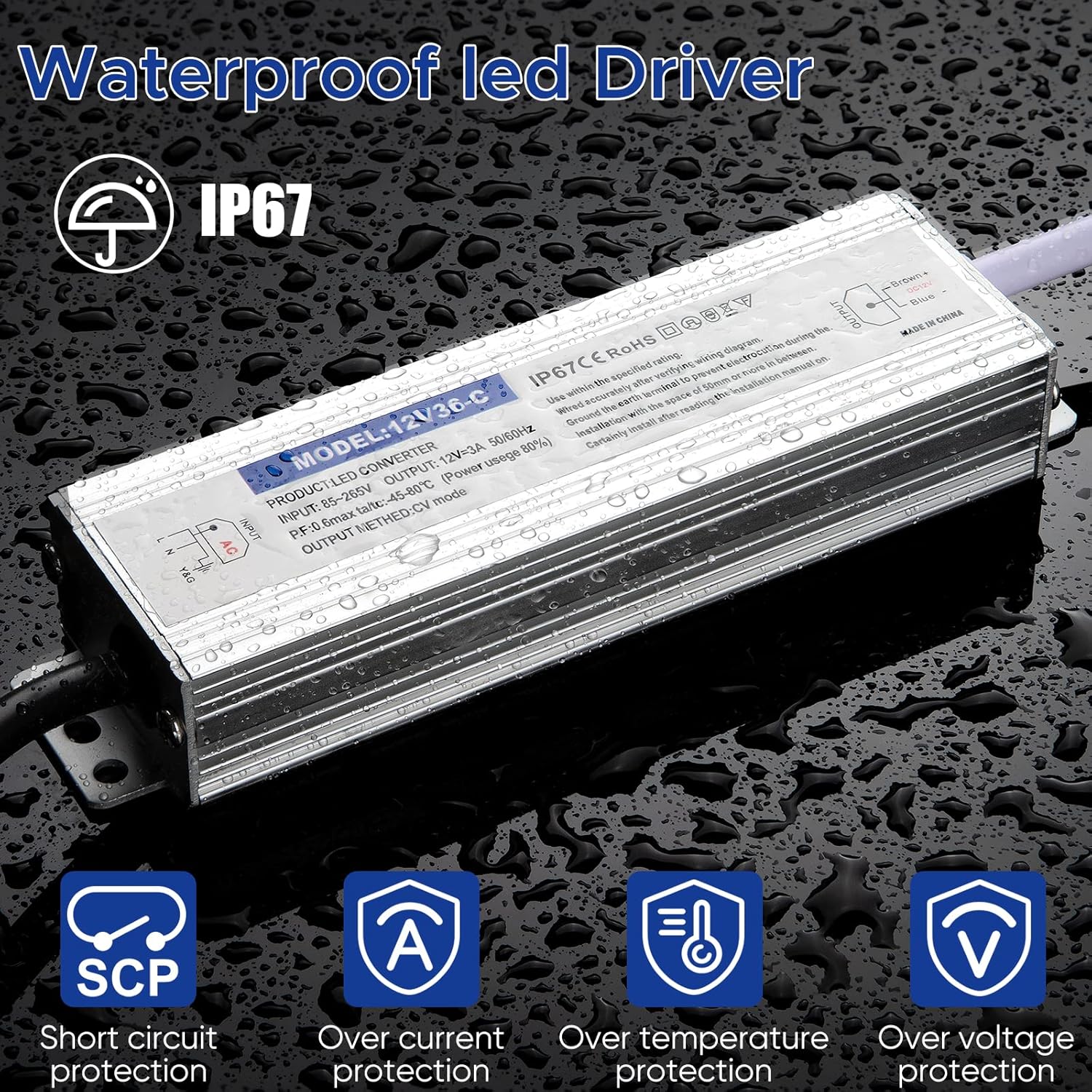 Fuente de alimentación impermeable IP67 de 24 V 36 W 1.5 A, controlador LED de 24 V, convertidor de CA de 120 V a 24 V CC, con enchufe de 3 clavijas