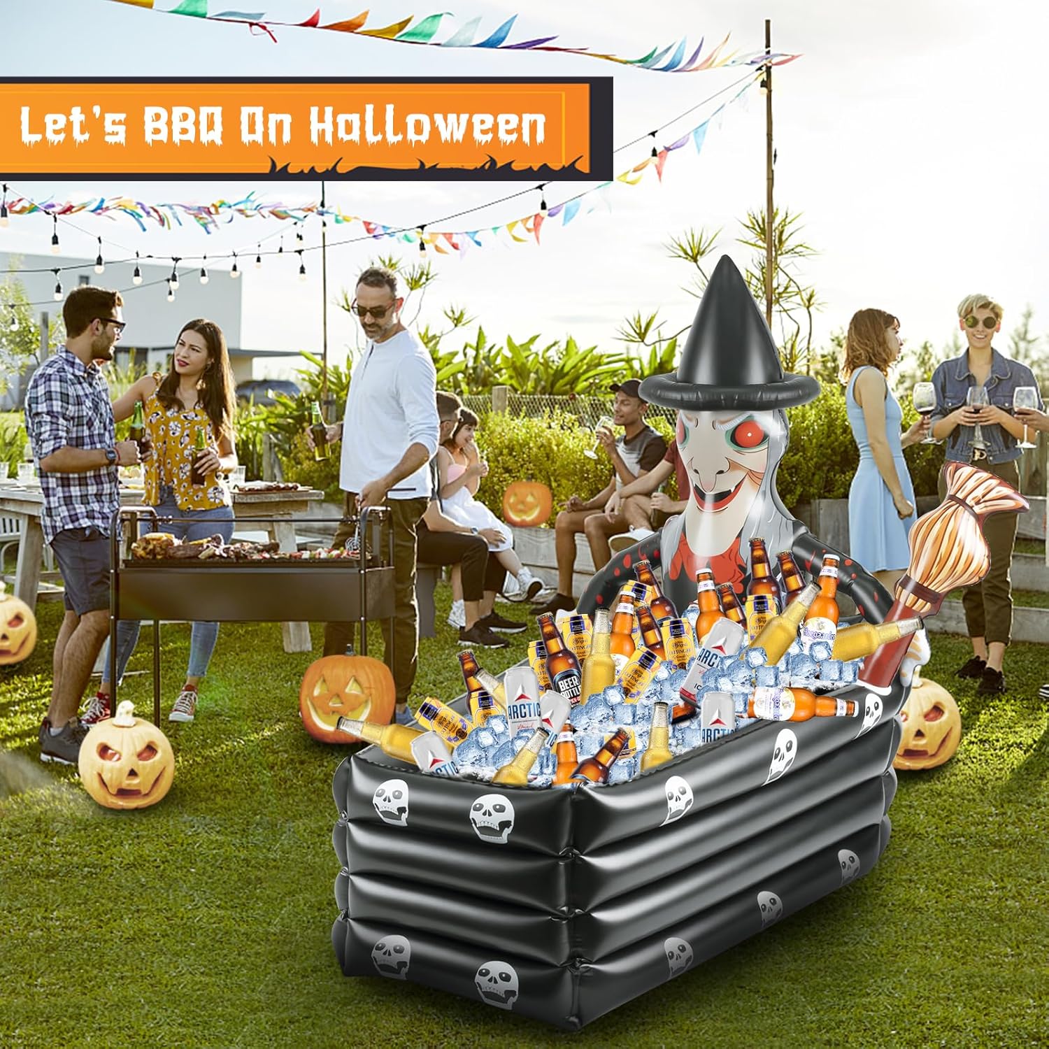 Enfriador inflable de Halloween, enfriador de bebidas grande de Halloween para fiesta de Halloween, 43 pulgadas, brujas, ataúd inflable, barra de