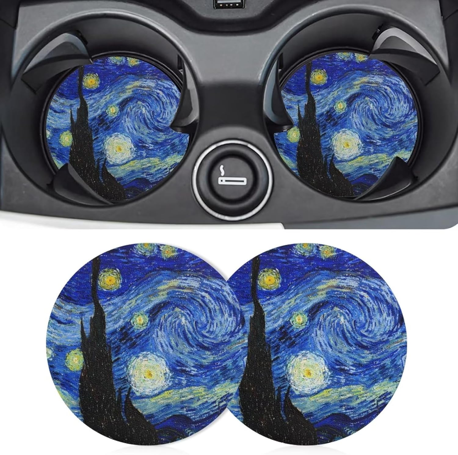 Paquete de 2 posavasos universales para vehículos con Van Gogh Starry Night impermeable, antideslizante, extraíble, portavasos para auto, camioneta,