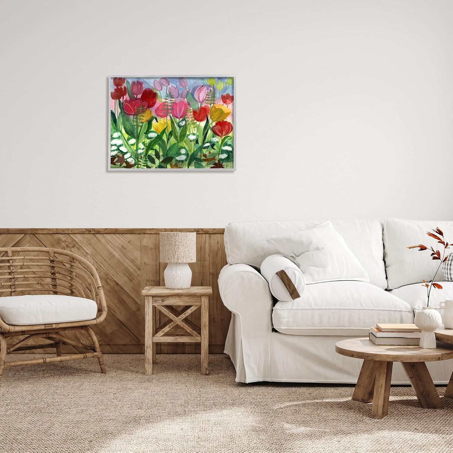 Stupell Industries Exuberantes tulipanes de primavera variados floreciendo prado enmarcado arte de pared, diseño de unknown