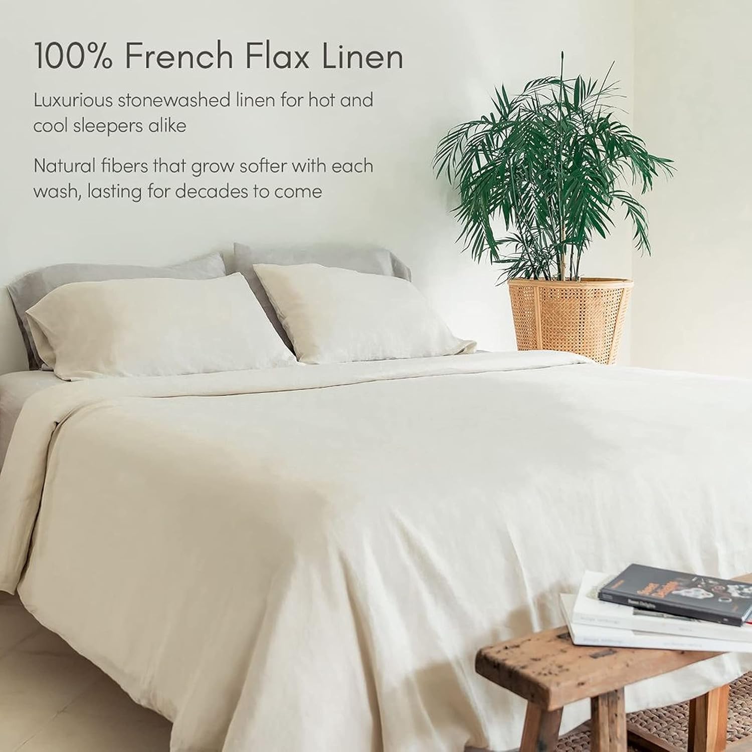 Baloo Pure French Linen Sheets  Juego de sábanas de avena (tamaño matrimonial)  Suave, premium, transpirable, fabricado con fibras naturales libres