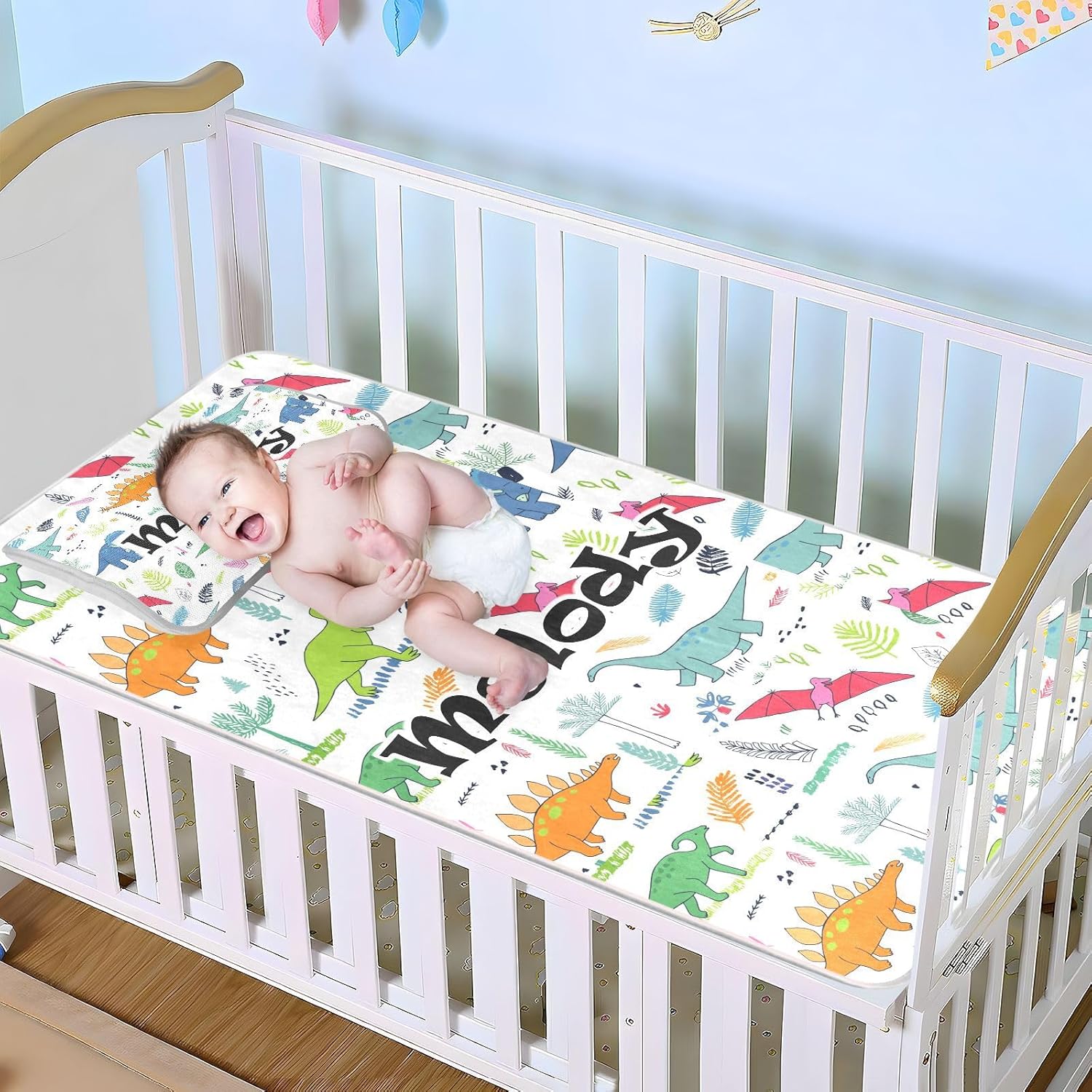 Custom Dinosaurs Crib Mattress Protector Pad for Boys Girls Baby Ice Silk Mat Bed Mini Crib Mattres Pad Cover Cooling Mattress Topper Play Mat, 52″