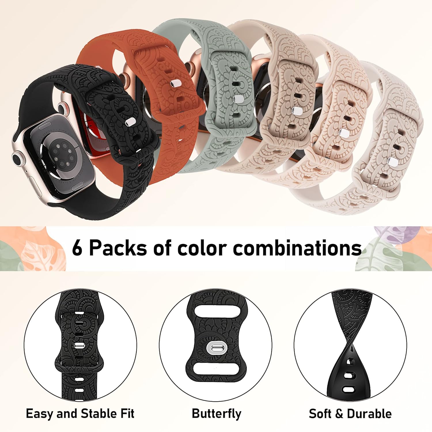 TOYOUTHS Paquete de 6 correas bohemias grabadas compatibles con Apple Watch de 1.772 pulgadas, 1.732 pulgadas, 1.654 pulgadas, 1.732 pulgadas,