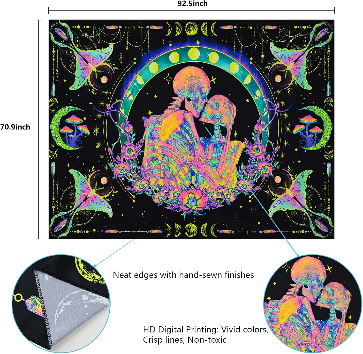 Uspring Tapiz de calavera de luz negra, tapices de fases lunares, tapiz hippie con mandala, polilla UV, tapiz para amantes de esqueletos, tapiz para