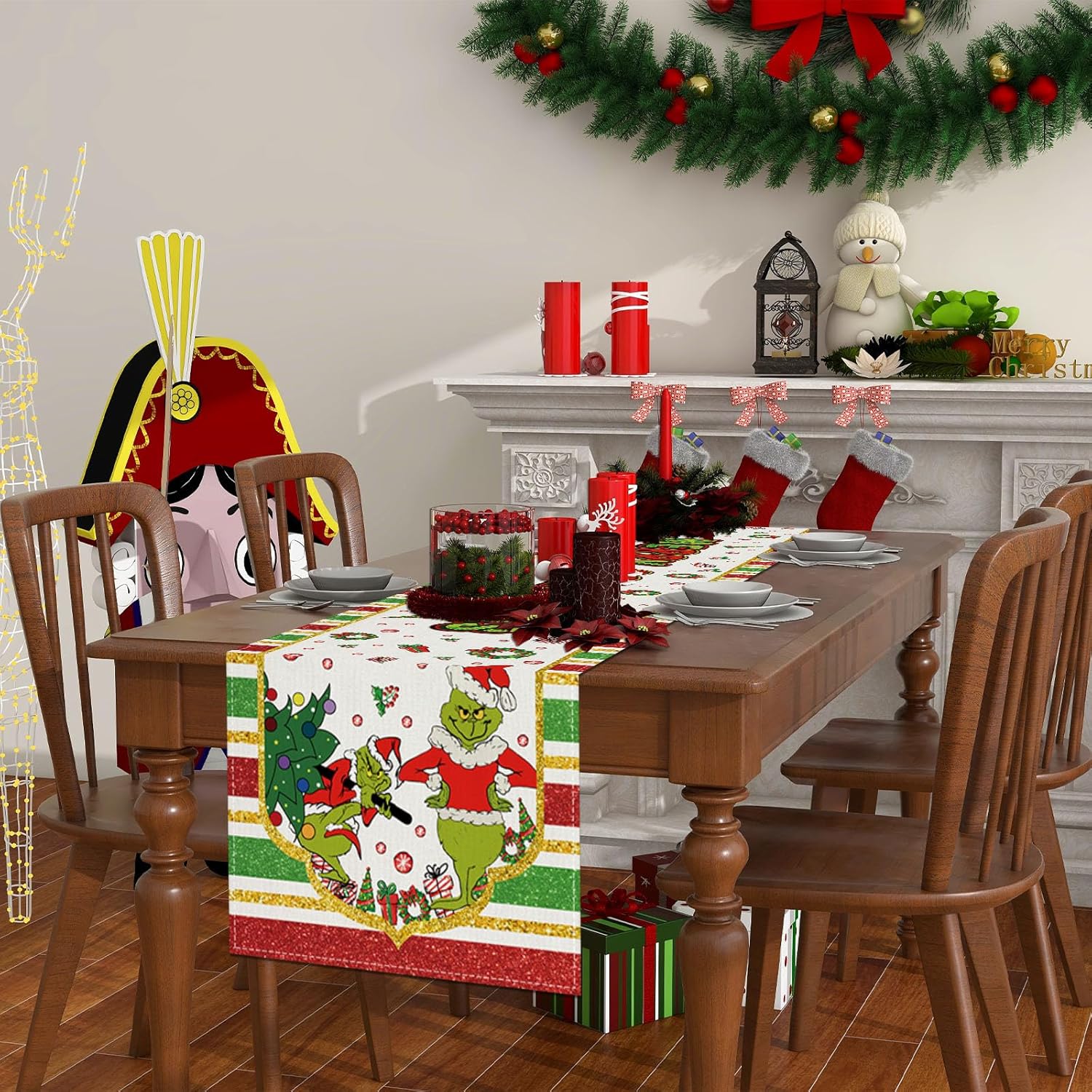 Camino de mesa navideño de lino Grinch con texto en inglés “Merry Grinchmas”, decoración y suministros para el hogar, mesa de cocina, 13 x 72