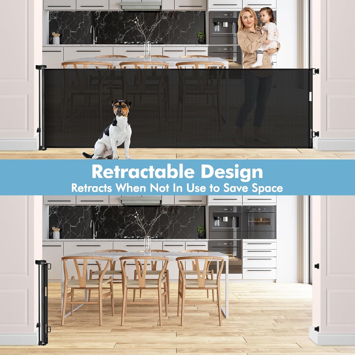 Puerta retráctil extra ancha para bebés de 75 pulgadas para aberturas amplias, puerta para niños para interiores y exteriores, puerta retráctil