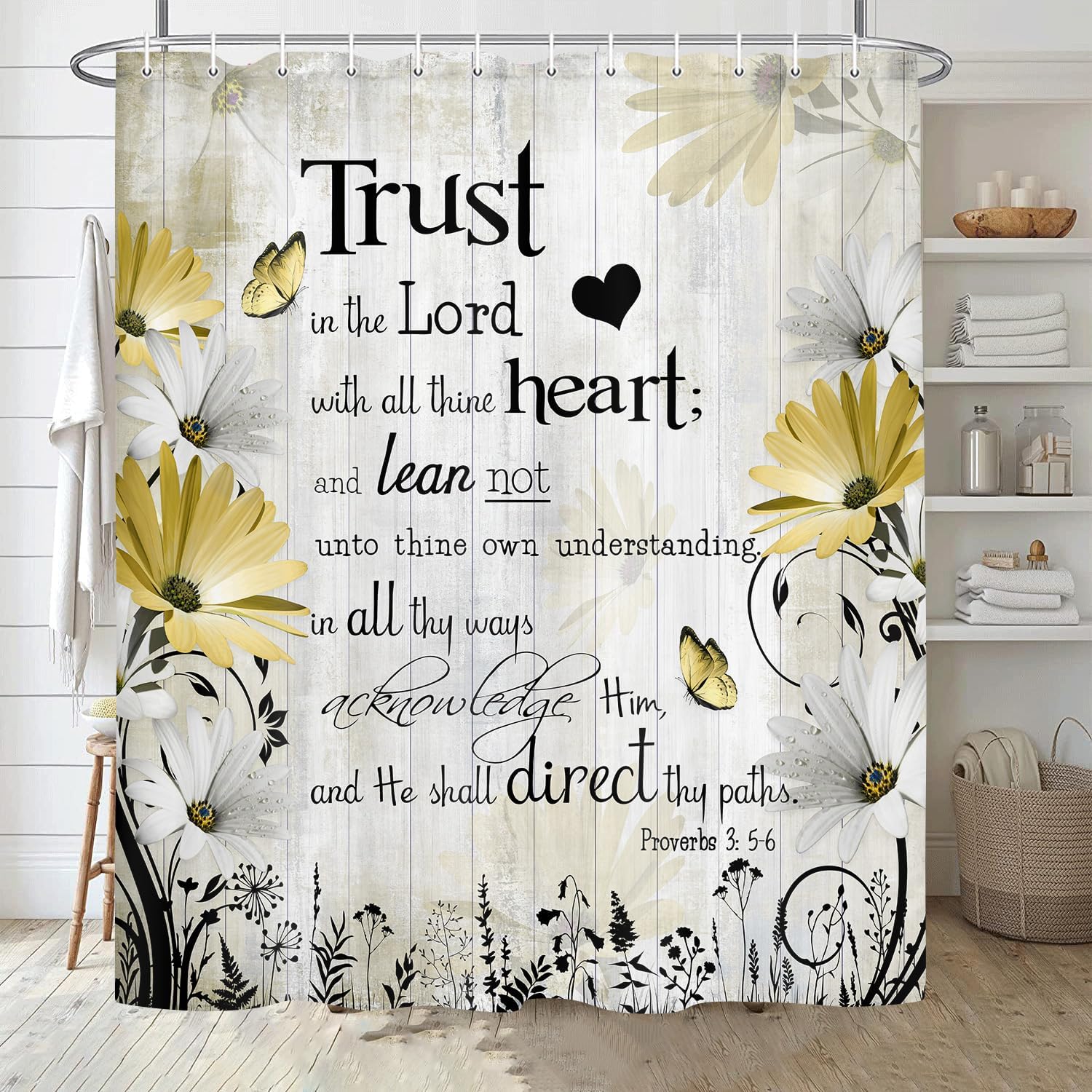 Cortina de ducha con versículo bíblico con cita inspiradora, cortina de ducha de tela impermeable con margaritas florales amarillas, cortina de