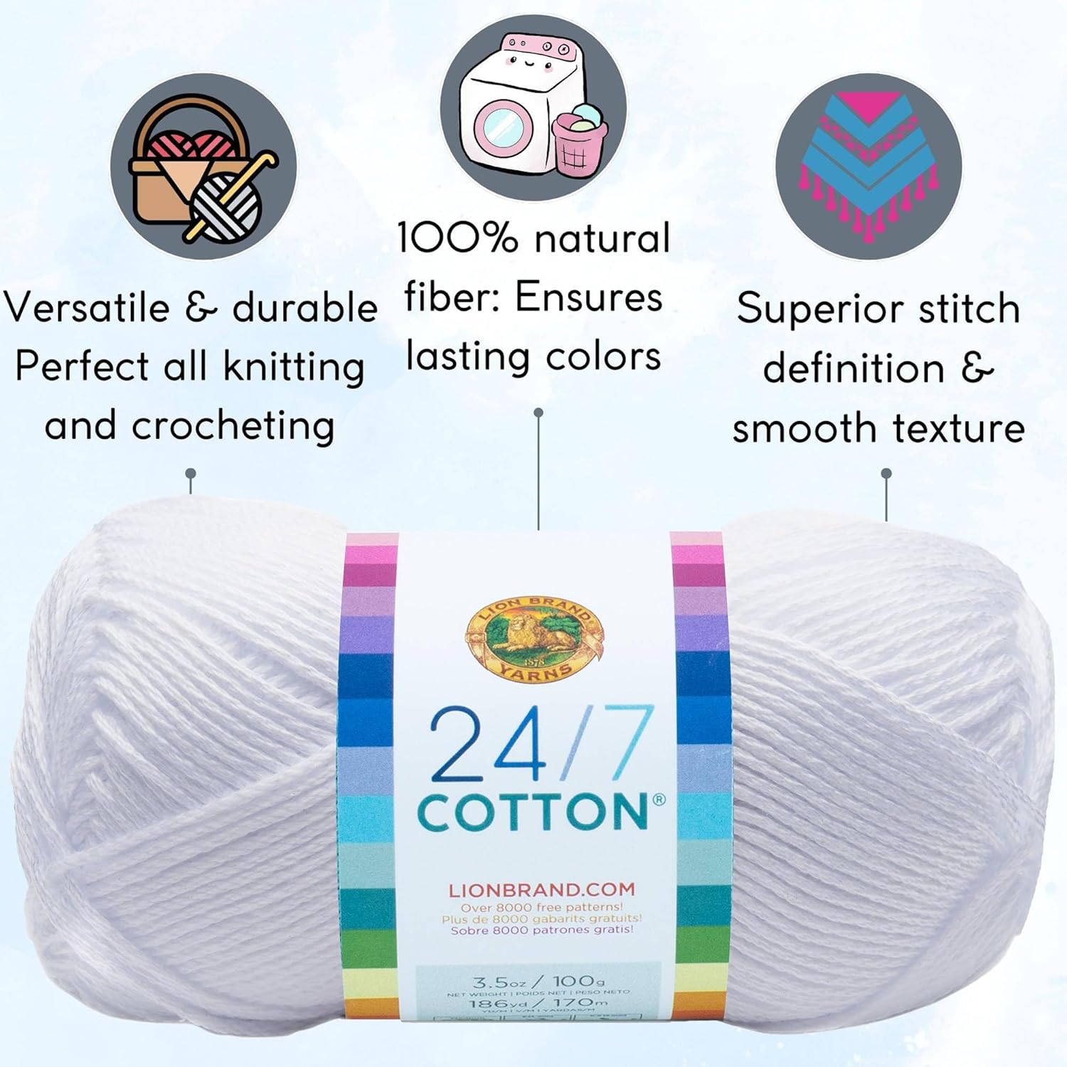 Lion Brand – Hilo de algodón blanco 247 761-100 (3 madejas, el mismo lote de tinte) para ganchillo y tejer, paquete con 1 bolsa para proyectos