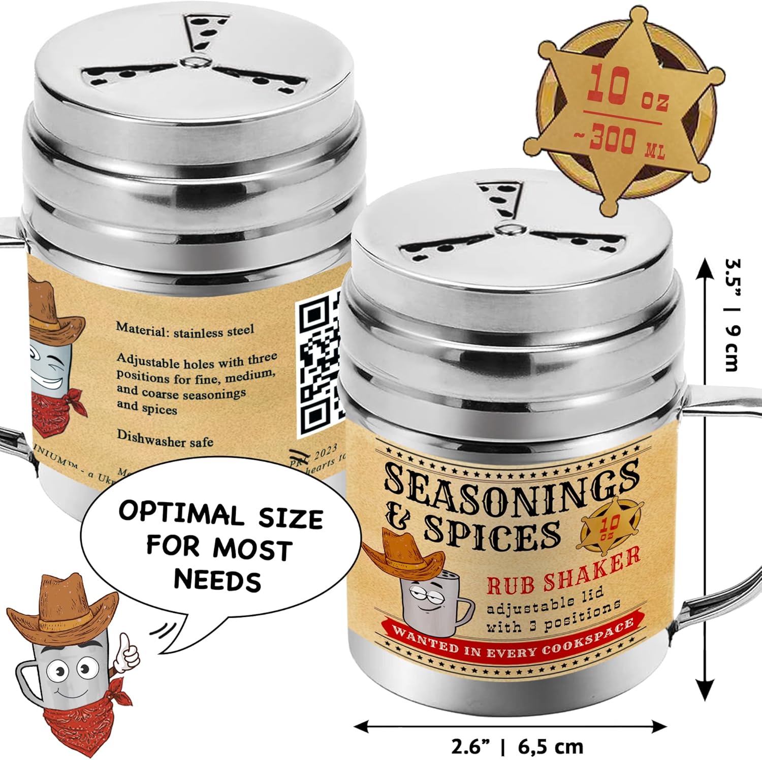 CUSINIUM Coctelera de especias de condimentos de 10 onzas, coctelera para barbacoa en seco, draga de cocina con tapa y mango ajustables estilo