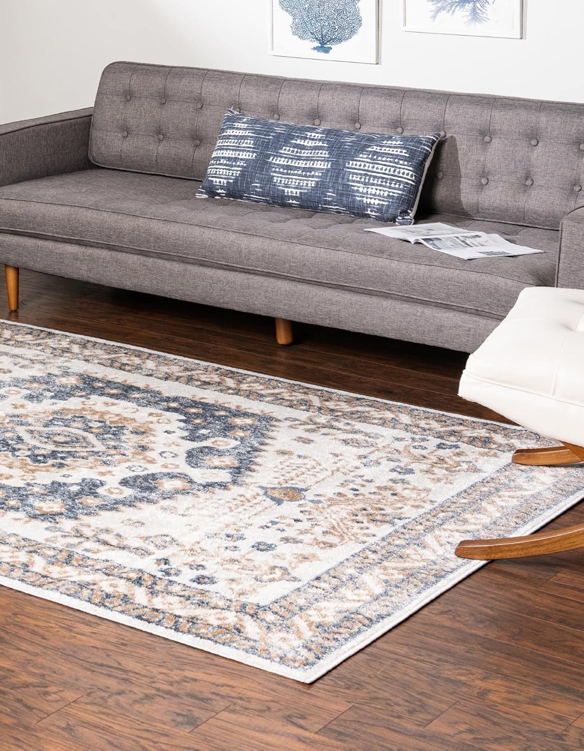 Unique Loom Oxford Collection – Alfombra Sheldonian (8 x 10 pies, rectangular, cremaazul marino)