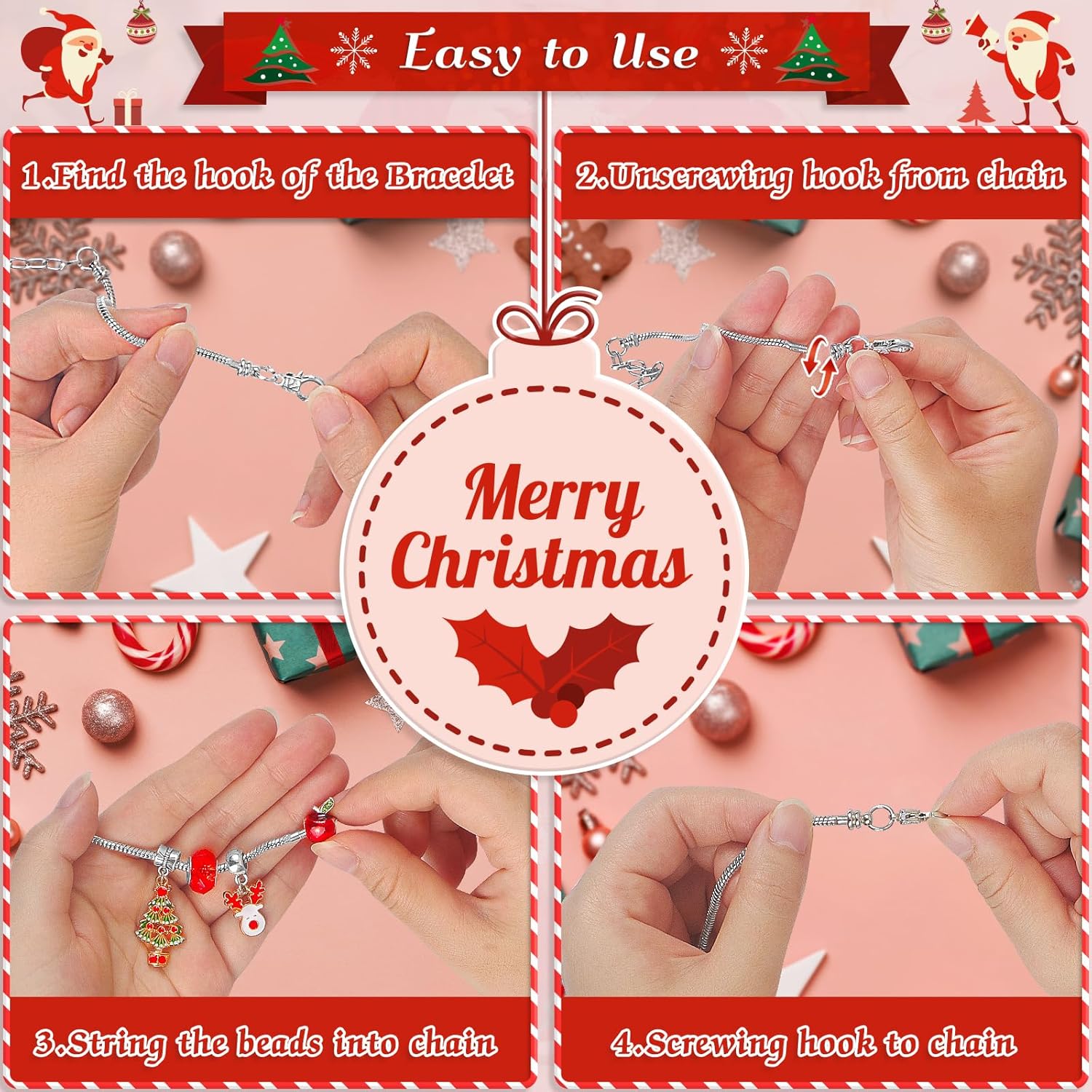 2023 Christmas Advent Calendar Charm Bracelets for Girls, SIXNIE 24-Days Xmas Countdown Calendar with 2pcs DIY Charm Bracelets Kits, Creative