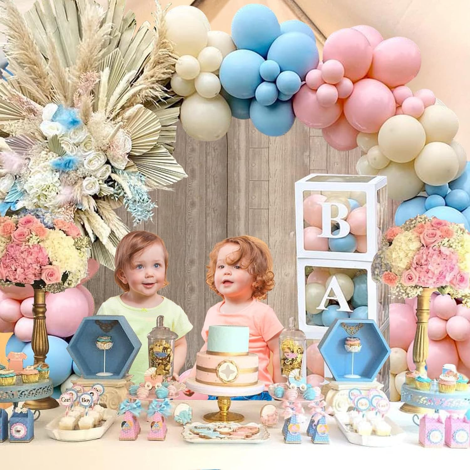 Decoraciones de revelación de género para baby shower, kit de arco de 176 globos rosas y azules, caja de bebé con letras para decoración de