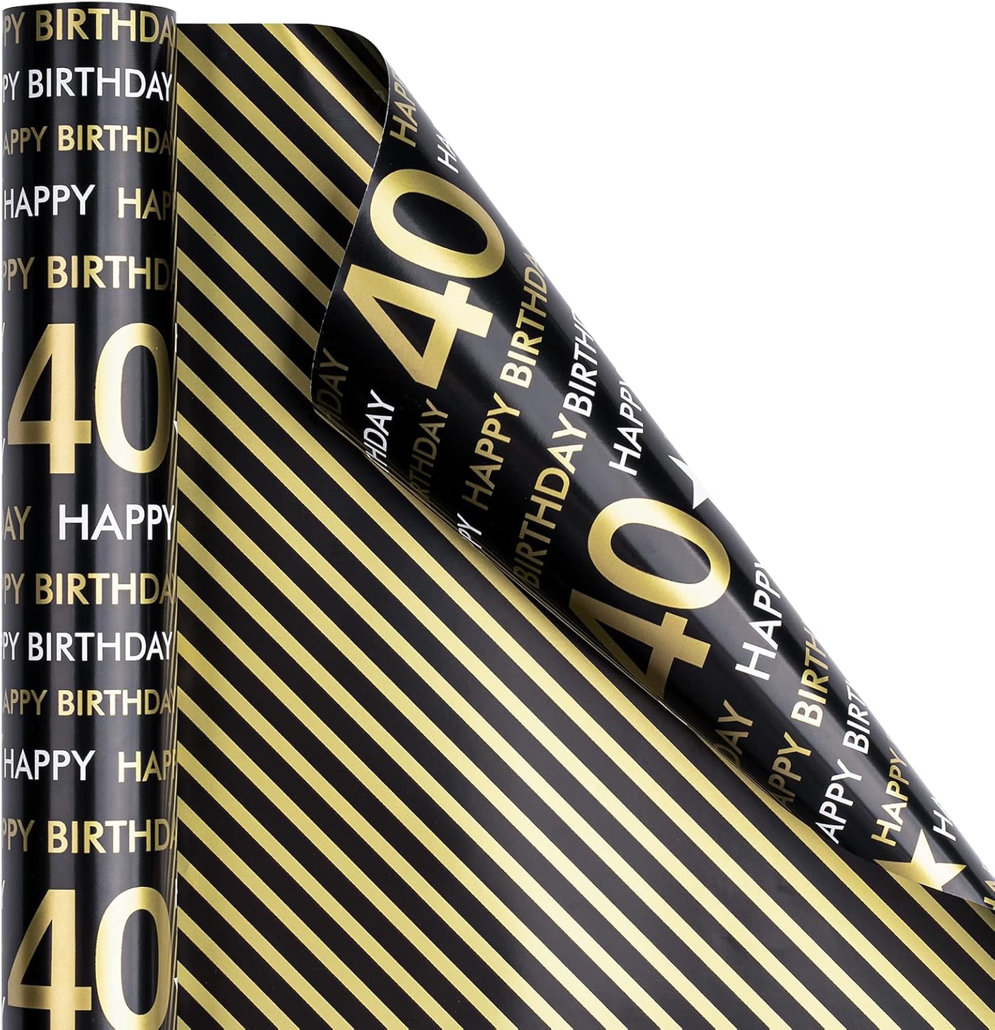 RUSPEPA Rollo de papel de regalo reversible, mini rollo, patrón negro y dorado para cumpleaños de 40 años, ideal para cumpleaños, fiestas, baby