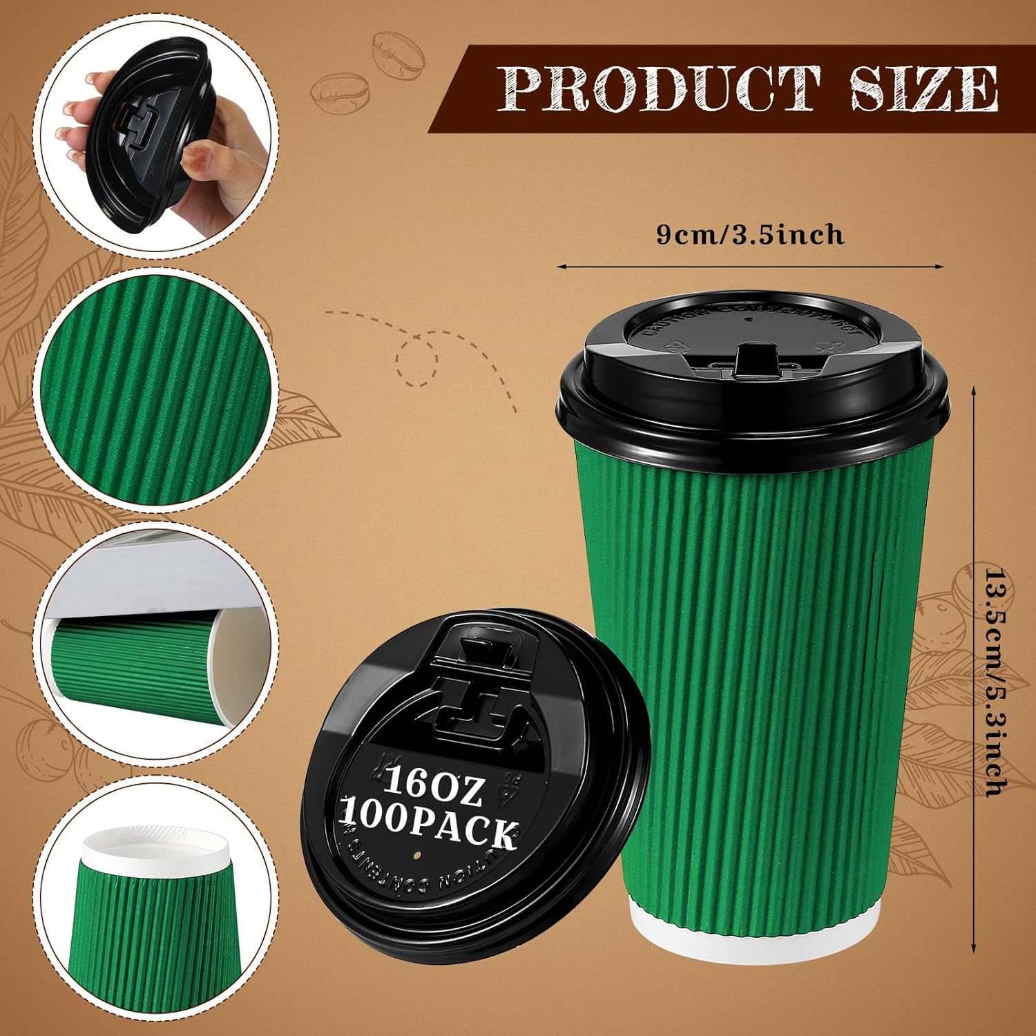 Tioncy 100 tazas de café desechables con tapas, tazas de papel, onduladas corrugadas, aisladas en la pared, tazas calientes con tapas para café,