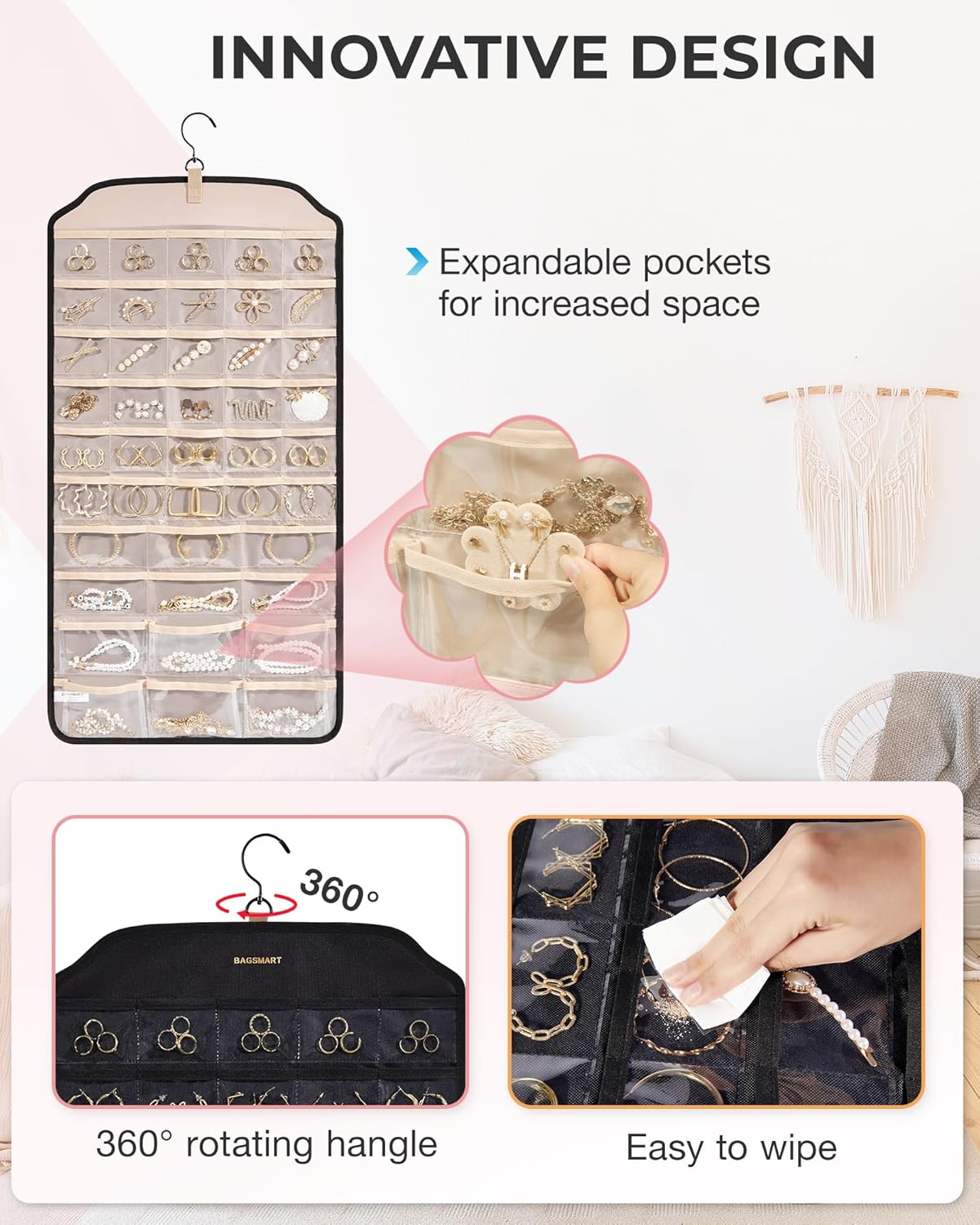 BAGSMART Organizador colgante de joyas, organizador de accesorios, organizador de aretes de 68 bolsillos para sostener joyas en la pared, extra