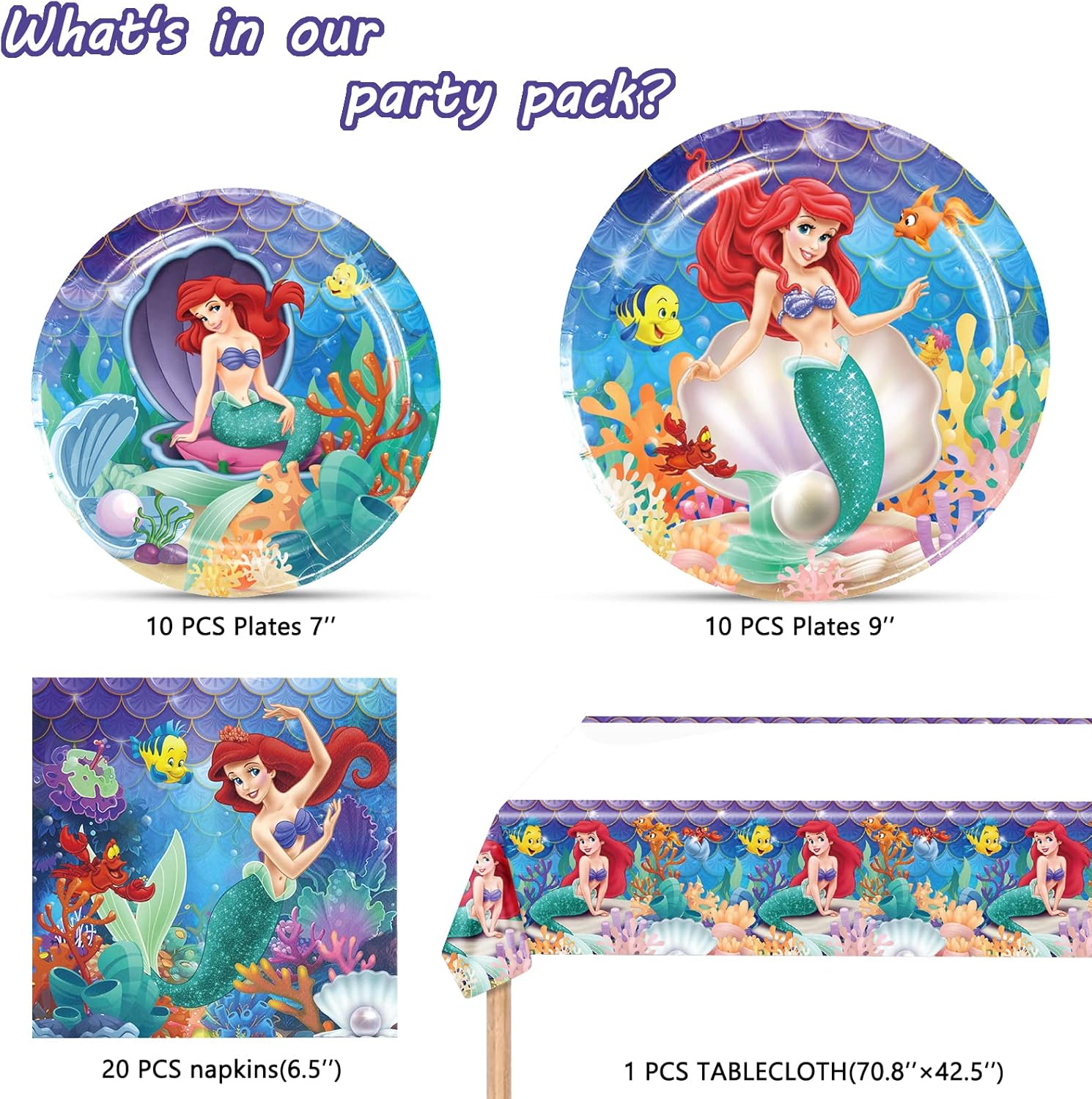 Ariel – Suministros para fiesta de cumpleaños, 20 platos, 20 servilletas y 1 mantel para decoración de fiesta de sirenita para niñas