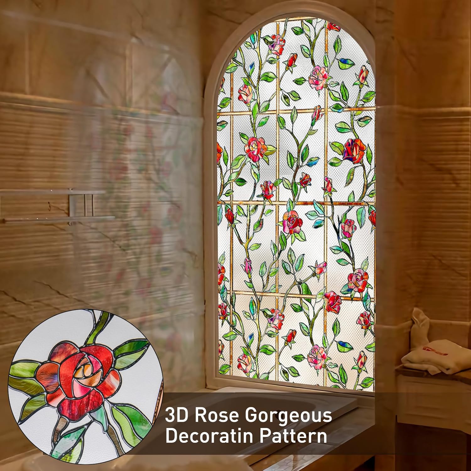 Windimiley Película de privacidad para ventanas de vitral 3D rosa decorativa para baño, esmerilado, se adhiere a la ventana de bloqueo del calor del