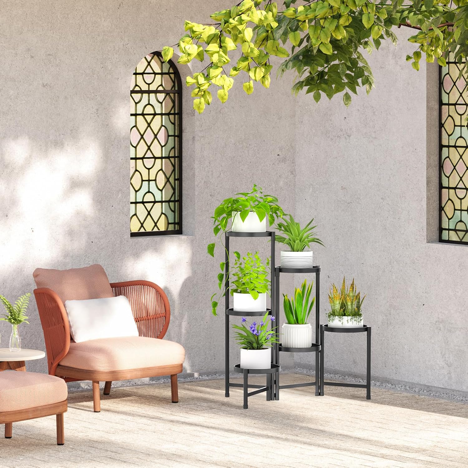 Soporte de metal de 6 niveles para plantas alto para interiores y exteriores, estante de esquina plegable para múltiples plantas, soporte para
