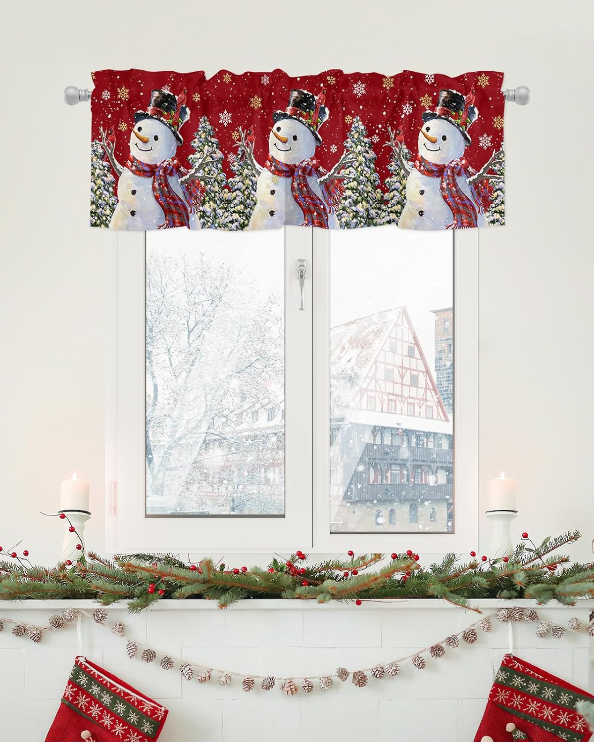 Cenefas de Navidad para cocina, muñeco de nieve, fondo rojo cardenal del norte, cenefa de cocina, cortinas cortas con bolsillo para barra,
