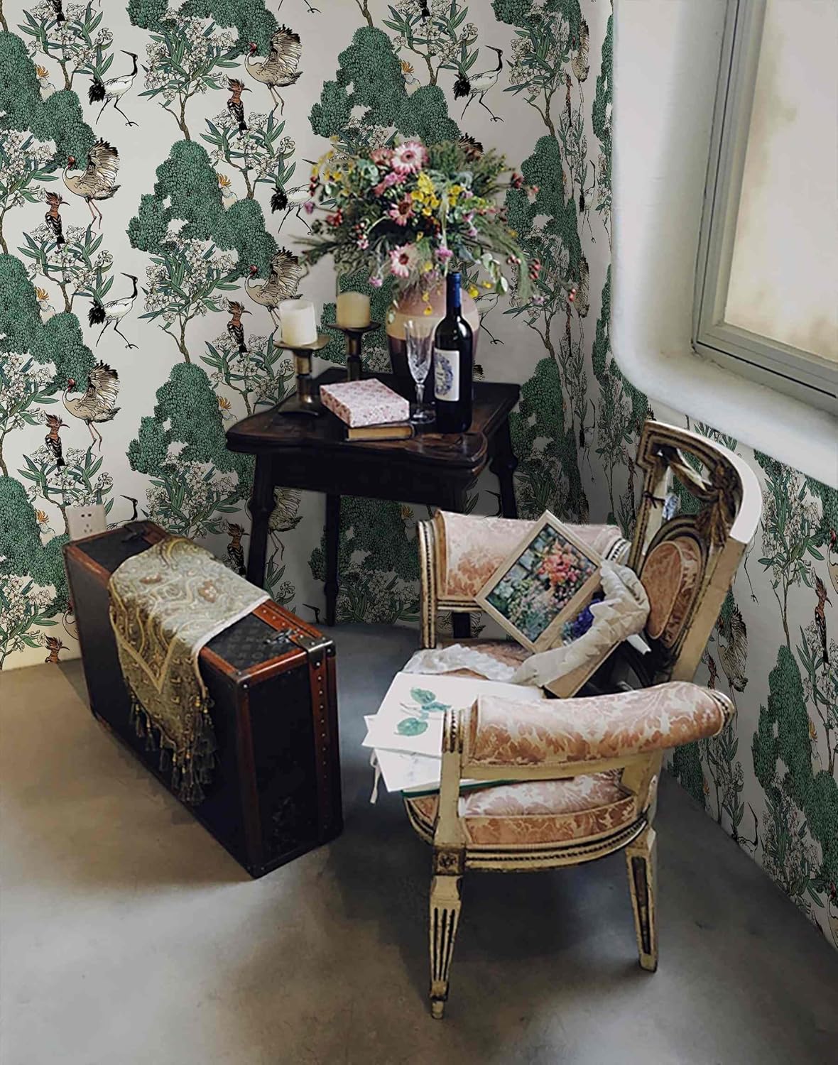 Dimoon Papel tapiz floral de 78.7 x 16.1 pulgadas, papel de contacto con pájaros, verde y blanco, bosque estético, grueso, impermeable, grúas,