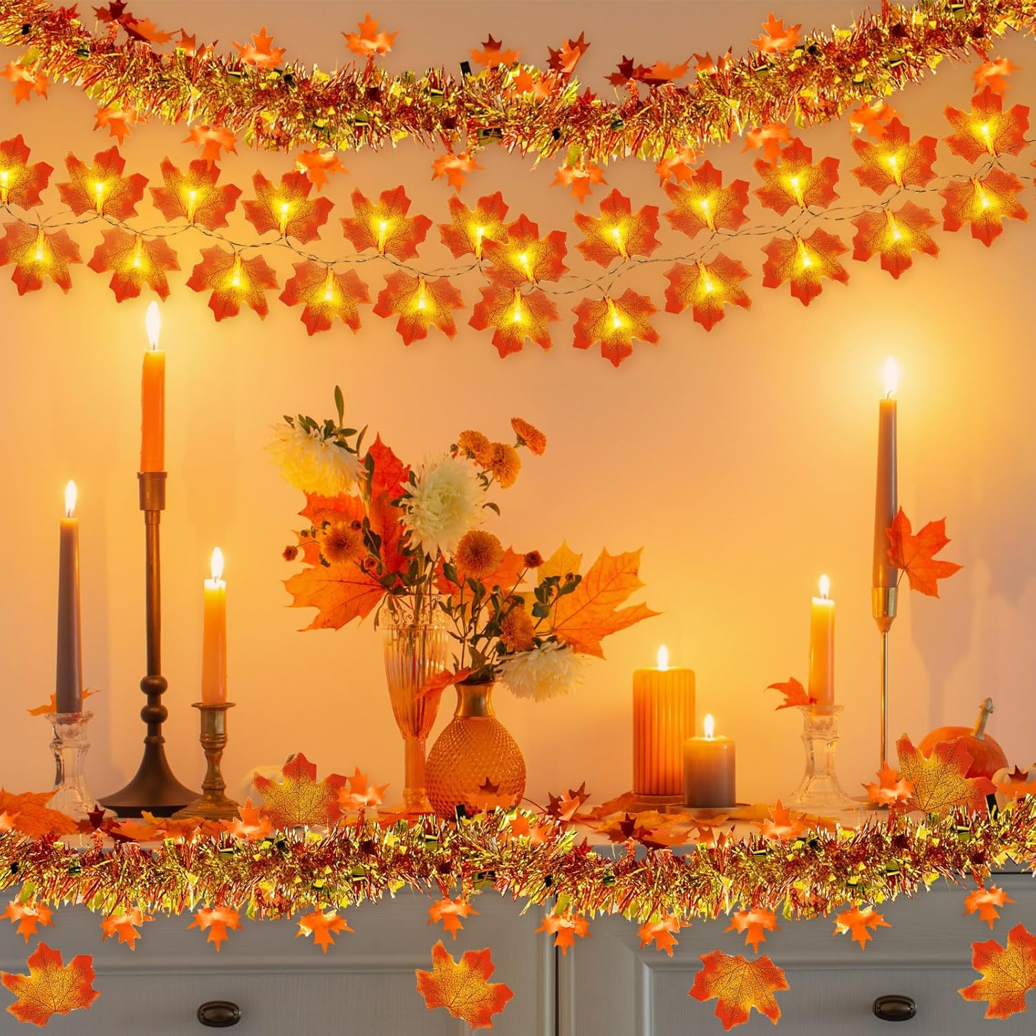Decoraciones de otoño, guirnalda de oropel con purpurina de 33 pies, 40 luces LED de hojas de arce, hojas de arce artificiales para boda, calabaza,
