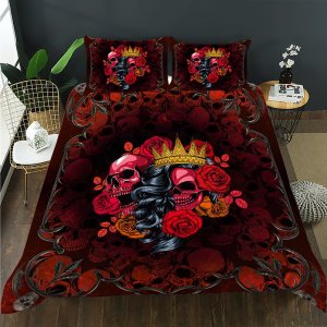 AILONEN Juego de funda de edredón de calavera de azúcar, tamaño Queen, juego de funda de edredón de calavera dulce y rosa roja, juego de ropa de AILONEN Juego de funda de edredón de calavera de azúcar, tamaño Queen, juego de funda de edredón de calavera dulce y rosa roja, juego de ropa de