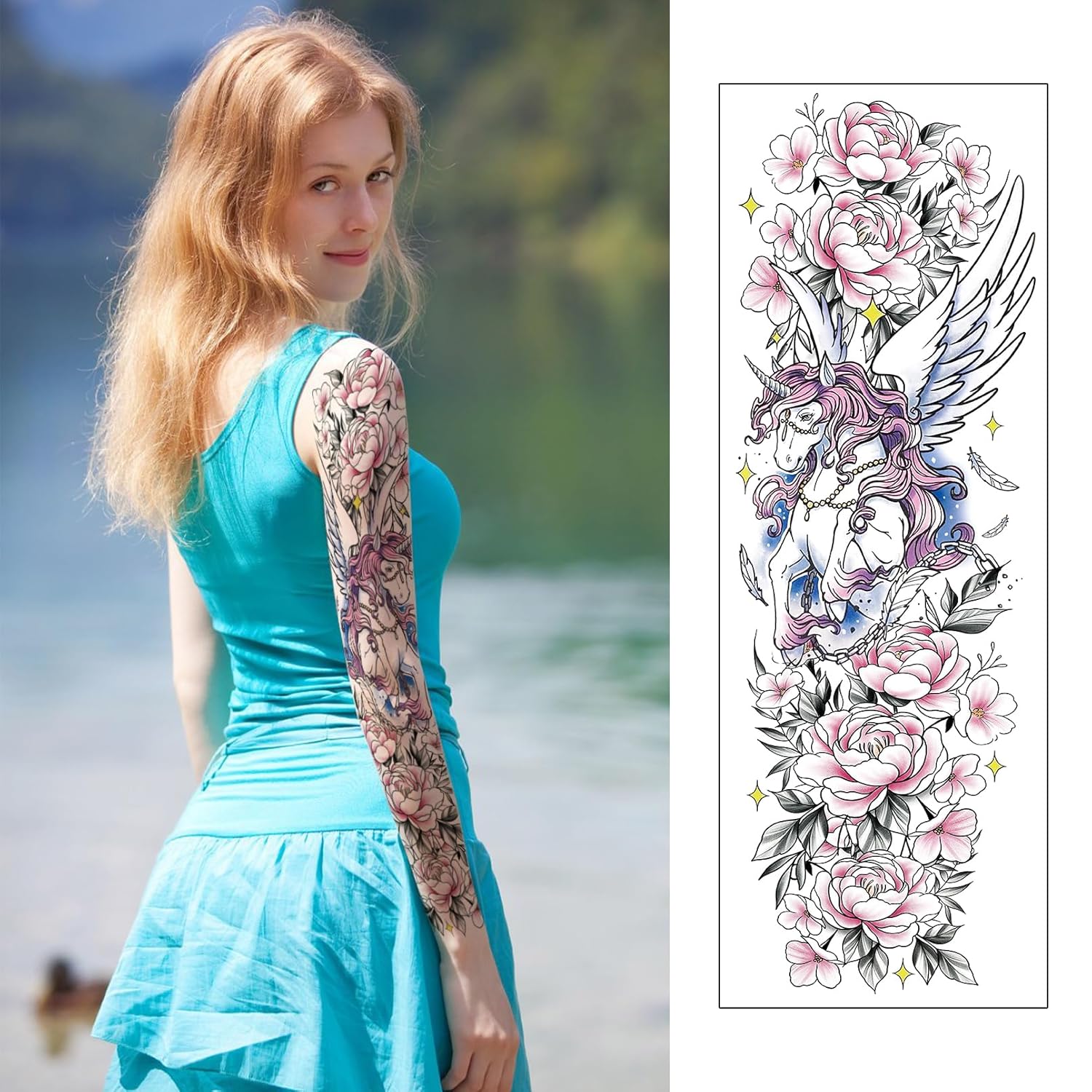 Aresvns Tatuaje temporal de unicornio 24 hojas, lindo tatuaje falso para mujeres y niñas, tatuaje de manga impermeable temporal para fiesta