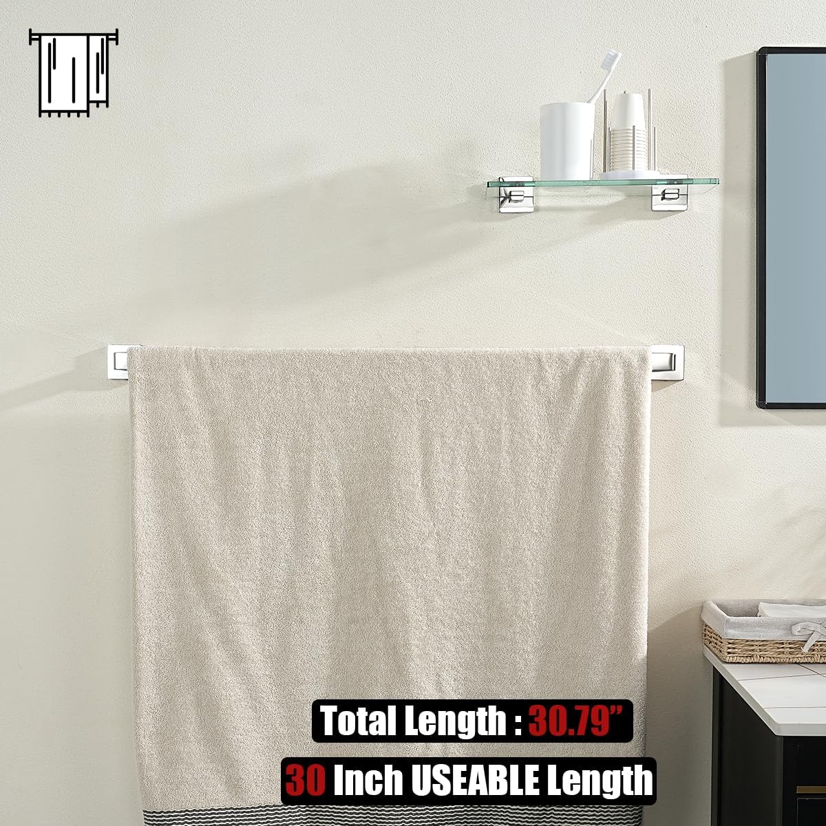 JQK Toallero de baño cromado, 30 pulgadas, acero inoxidable 304 de grosor de 0.031 in, soporte para toallas de baño, soporte de pared cromado
